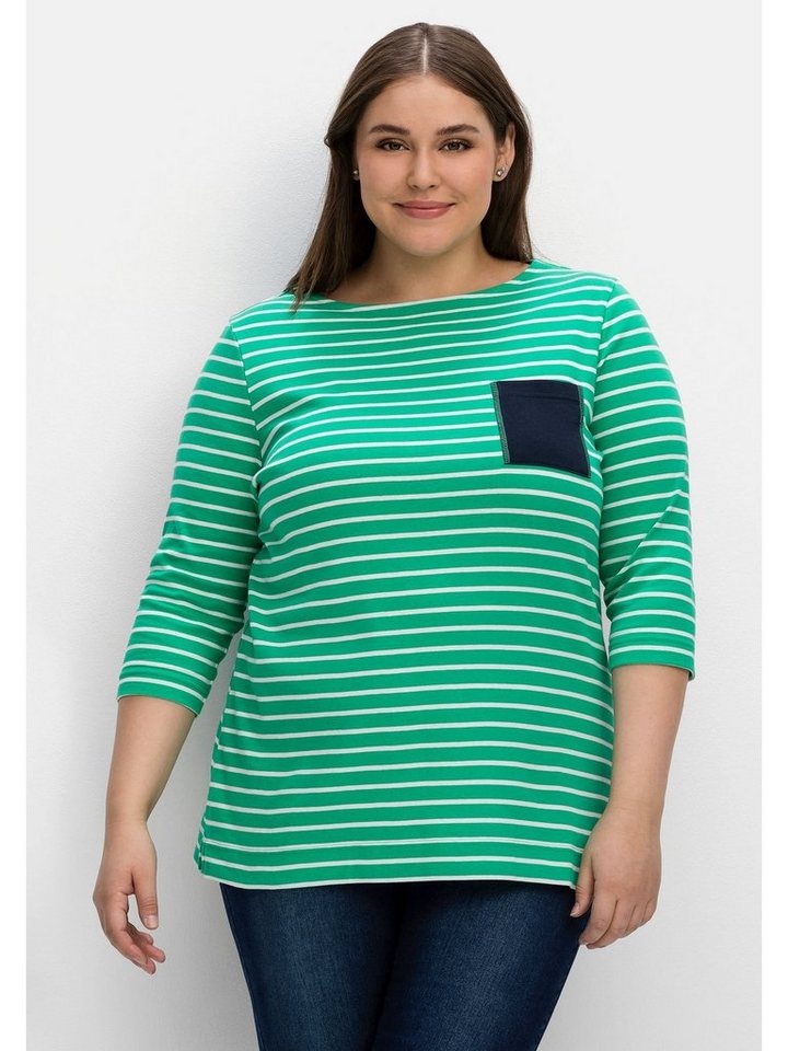Sheego Größen mit Große 3/4-Arm-Shirt Brusttasche kontrastfarbener