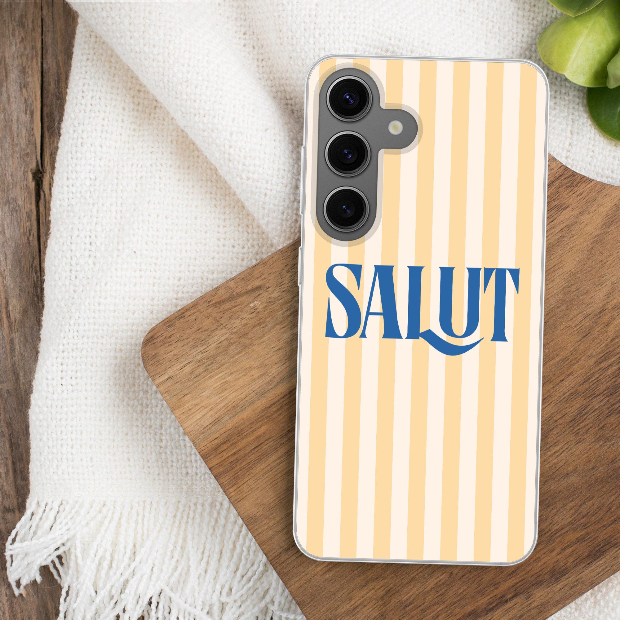 MuchoWow Handyhülle für Samsung Galaxy S24 Salut - Zitat - Streifen - Gelb - Blau - Weiß, Phone Case, Silikon, Schutzhülle Dünn