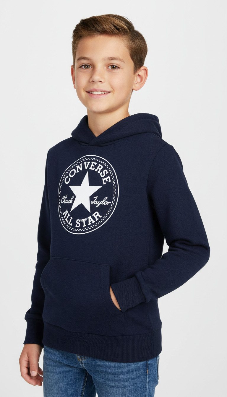 Converse Kapuzensweatshirt für Kinder mit farblich passender Fütterung, in bedruckter oder unifarbener Optik