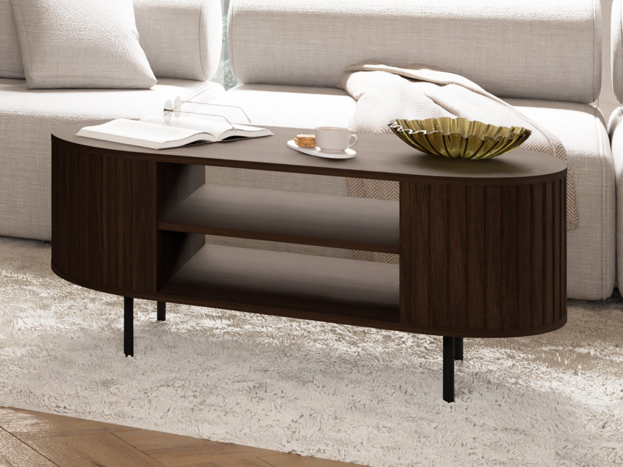 Beautysofa Couchtisch ORION mit Ablagefach geriffelten Seiten und Metallfüßen (moderner Wohnzimmertisch), 15 cm hohe Metallfüße – Bild 4 von 5