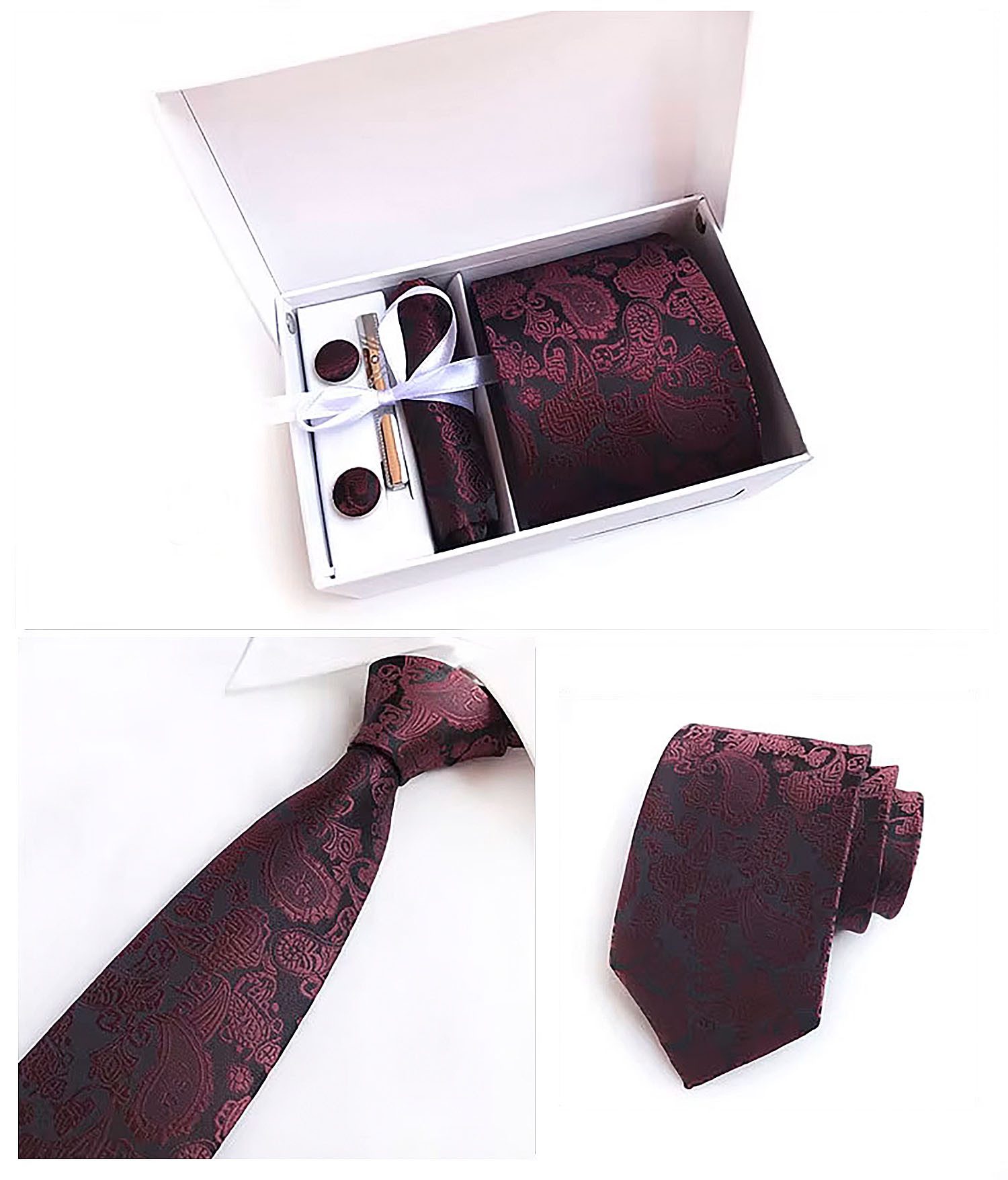Moschen-Bayern Krawatte Seidenkrawatte Krawatte Herrenkrawatte 100% Seide 4-tlg. Geschenkbox Set-4tlg. - Krawatte + Einstecktuch + Manschettenknöpfe + Nadel