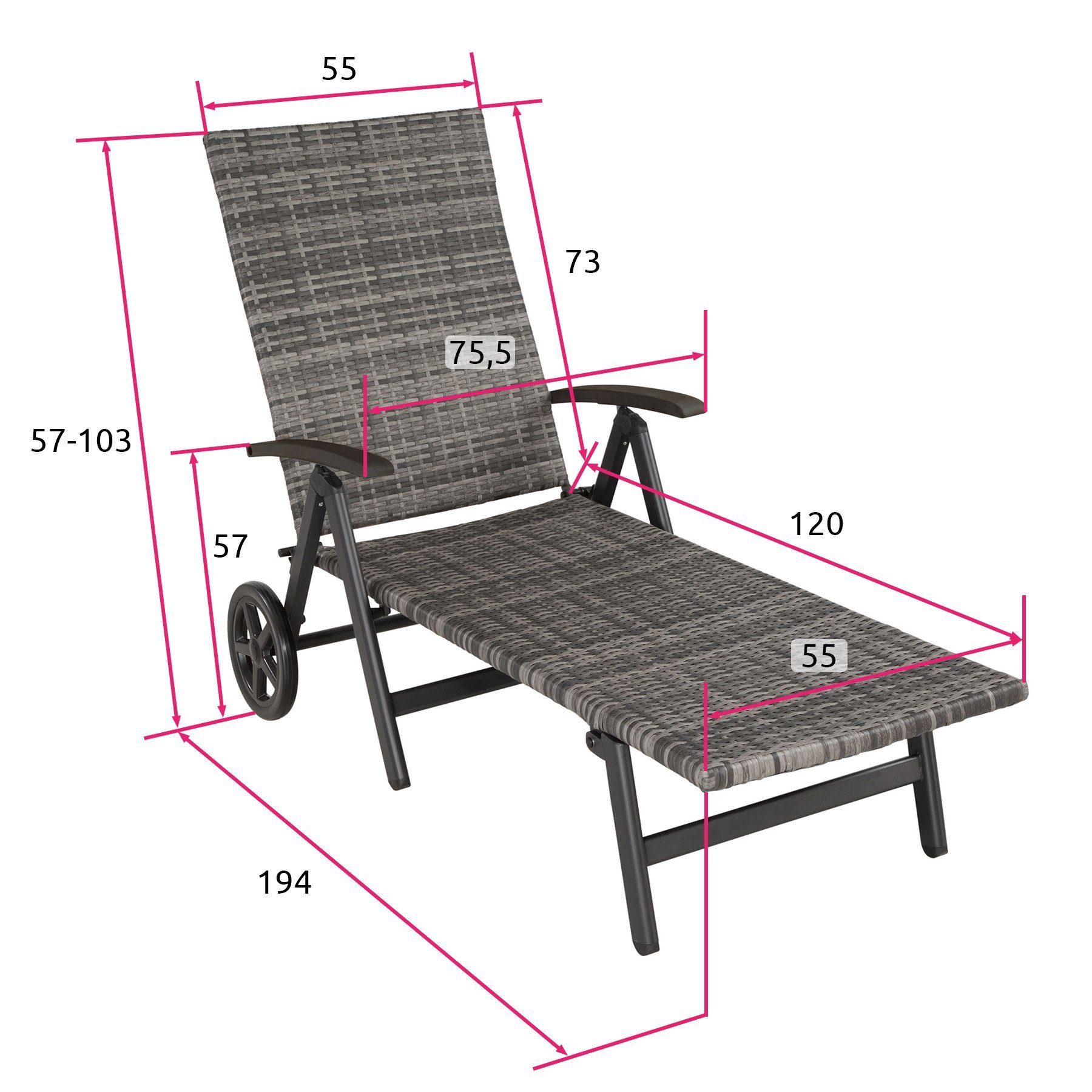 1tlg., höhenverstellbar 1, St., | Gartenliege Auckland, 1 grau Rückenlehne tectake grau