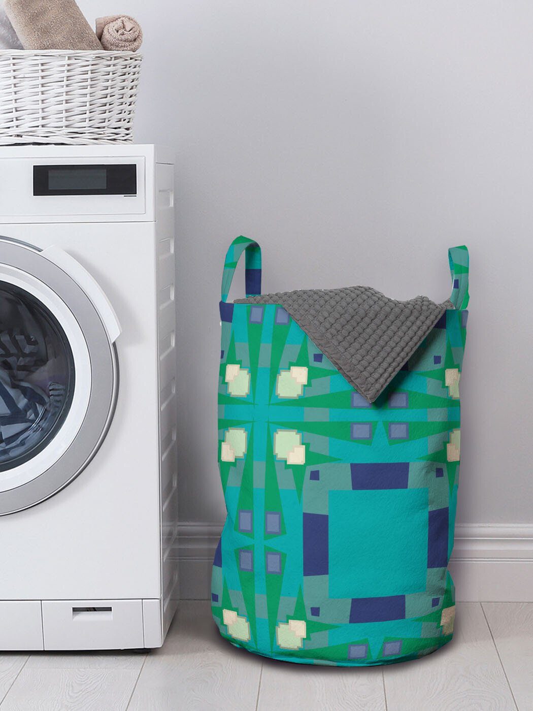 Abakuhaus Wäschesäckchen Wäschekorb Formen auf Kordelzugverschluss Griffen Geometrisch für Seafoam Waschsalons, dunklem mit