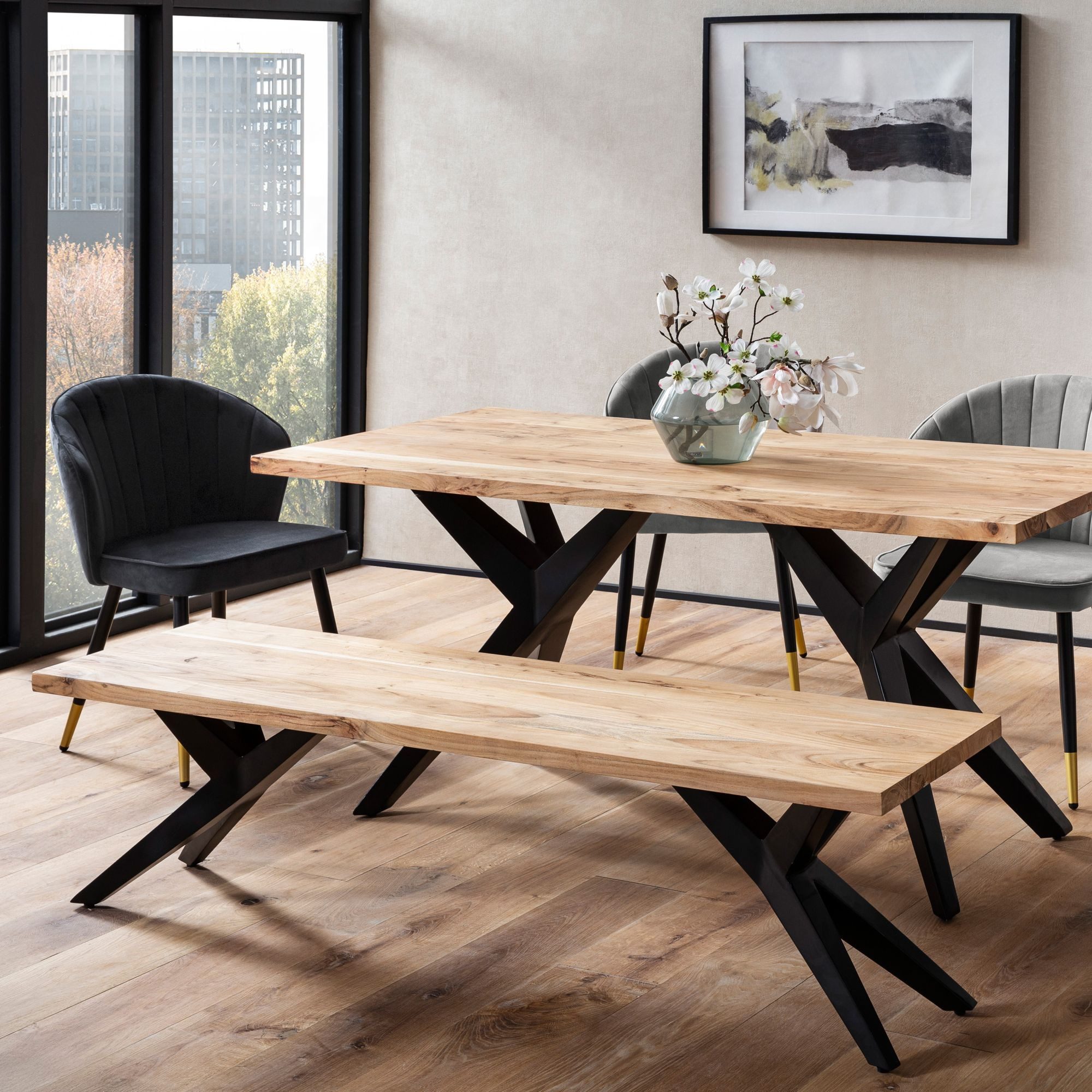 FINEBUY Essbank FB66306 Esszimmerbank Sitzbank Akazie Massivholz Loft Holzbank (Industrial Holzbank, Akazie Massivholz 160 cm), Sitzbank Esszimmer Holz, Esszimmerbank ohne Lehne