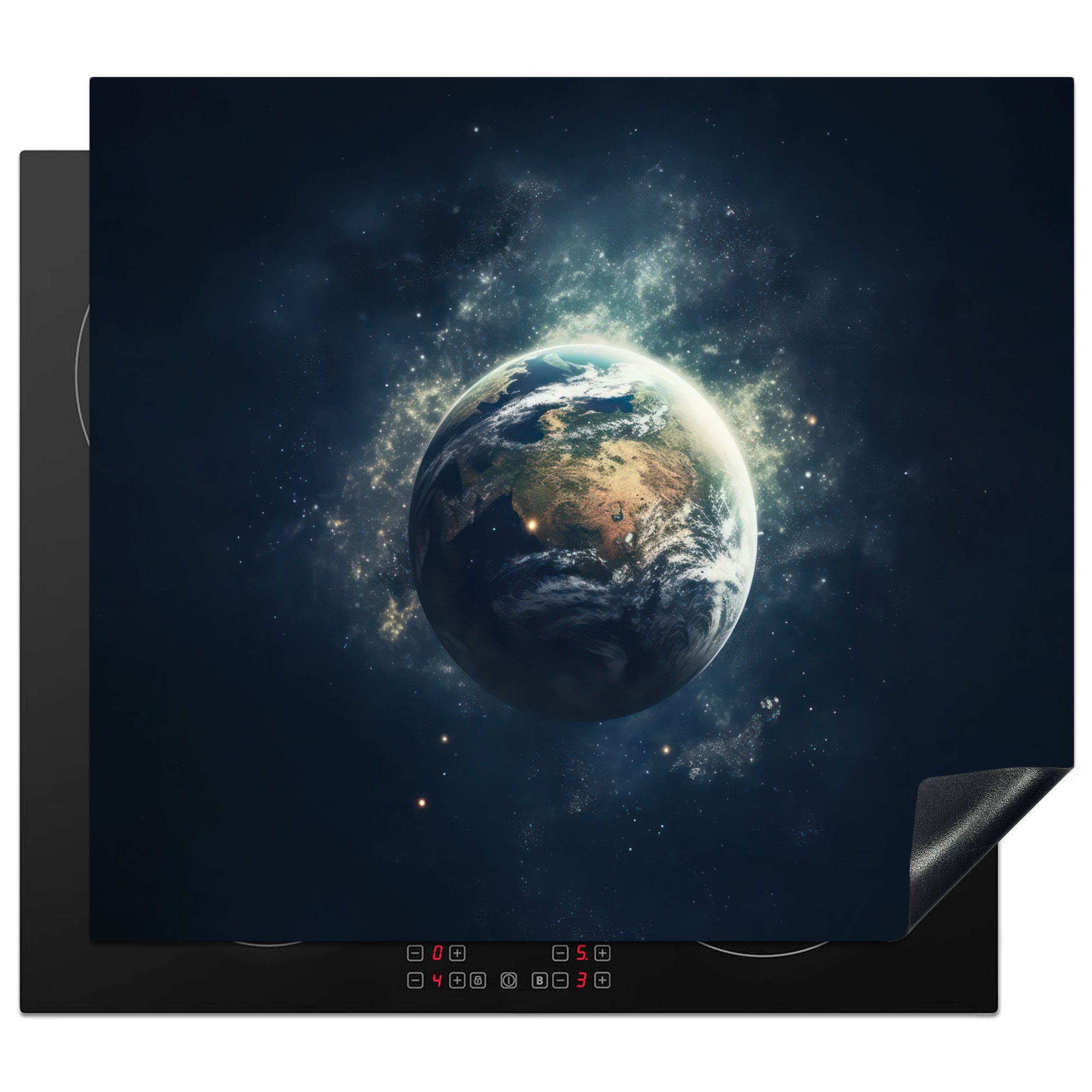 cm, Universum, Mobile Erde Vinyl, - nutzbar, Ceranfeldabdeckung tlg), Arbeitsfläche - MuchoWow (1 Weltraum 60x52 - Herdblende-/Abdeckplatte Sterne