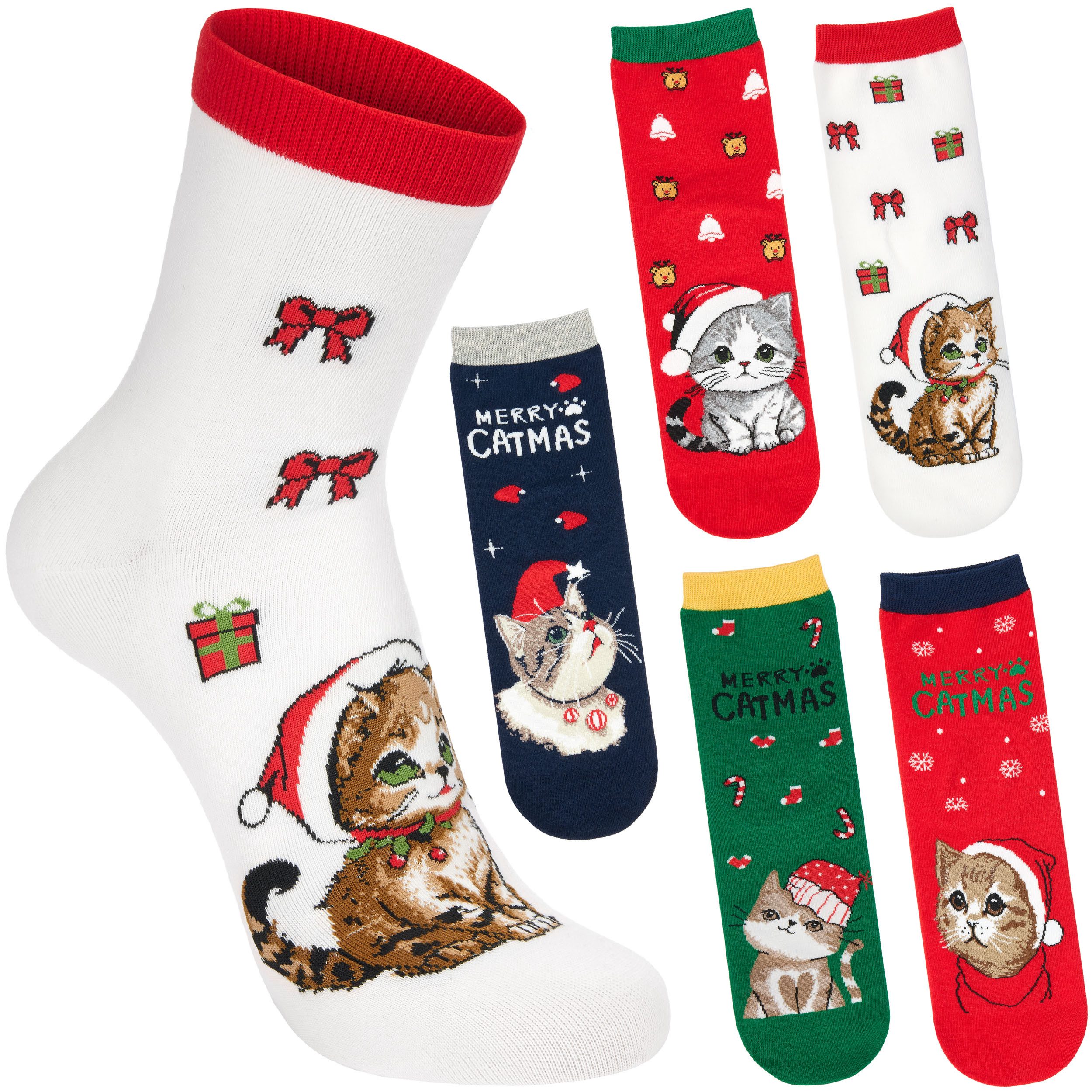 BRUBAKER Socken Damen und Herren Weihnachtssocken - Merry Catmas Unisexsocken (Bunte Baumwollsocken für Frauen und Männer - Geschenkset, 5-Paar, Damensocken mit humorvollen Katzenmotiven) Lustige Herrensocken für Weihnachten & Nikolaus
