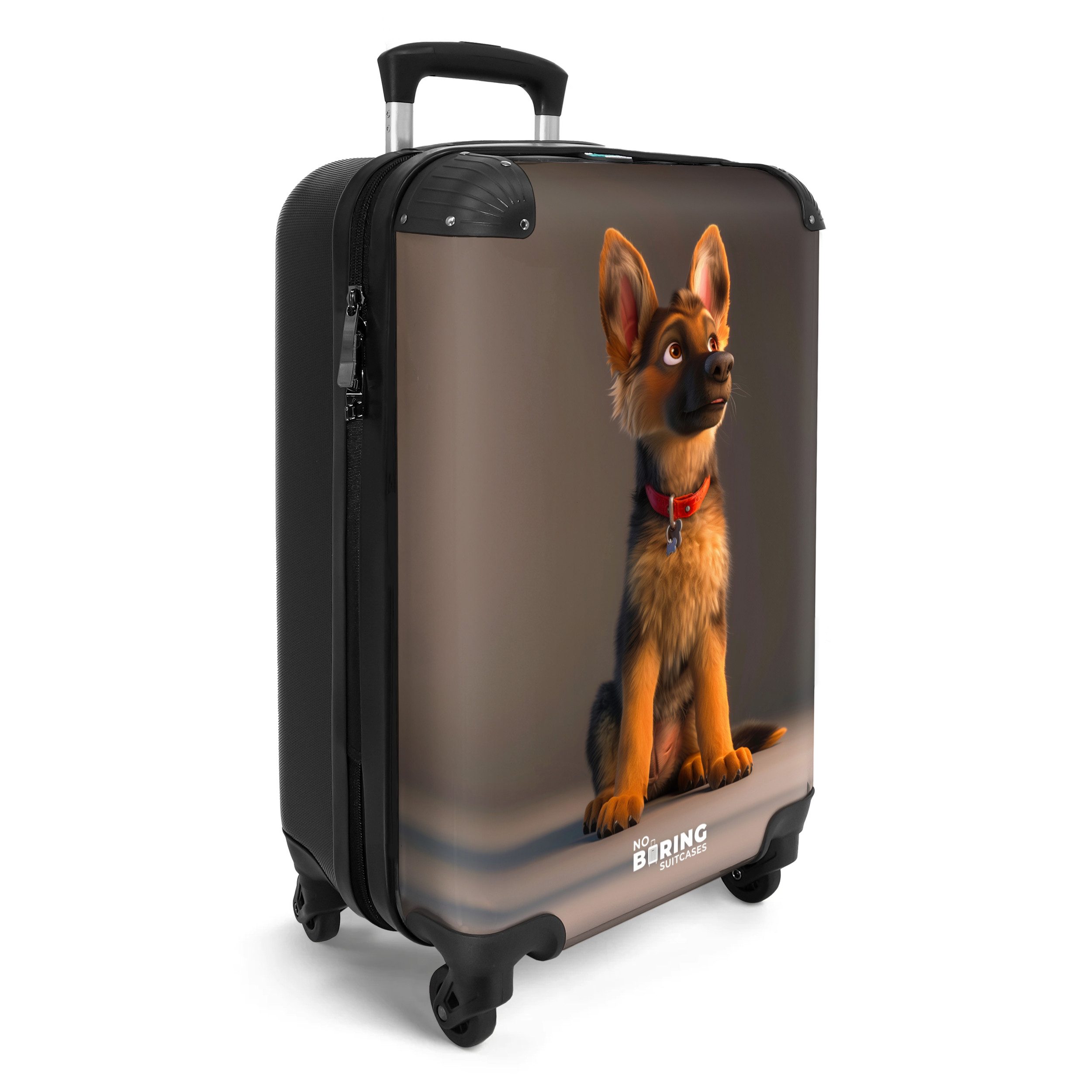 NoBoringSuitcases.com© Kinderkoffer Schäferhundwelpe mit rotem Halsband 55x35x20cm, 4 Rollen, Kinder Koffer Klein, Trolley Handgepäck, Reisekoffer