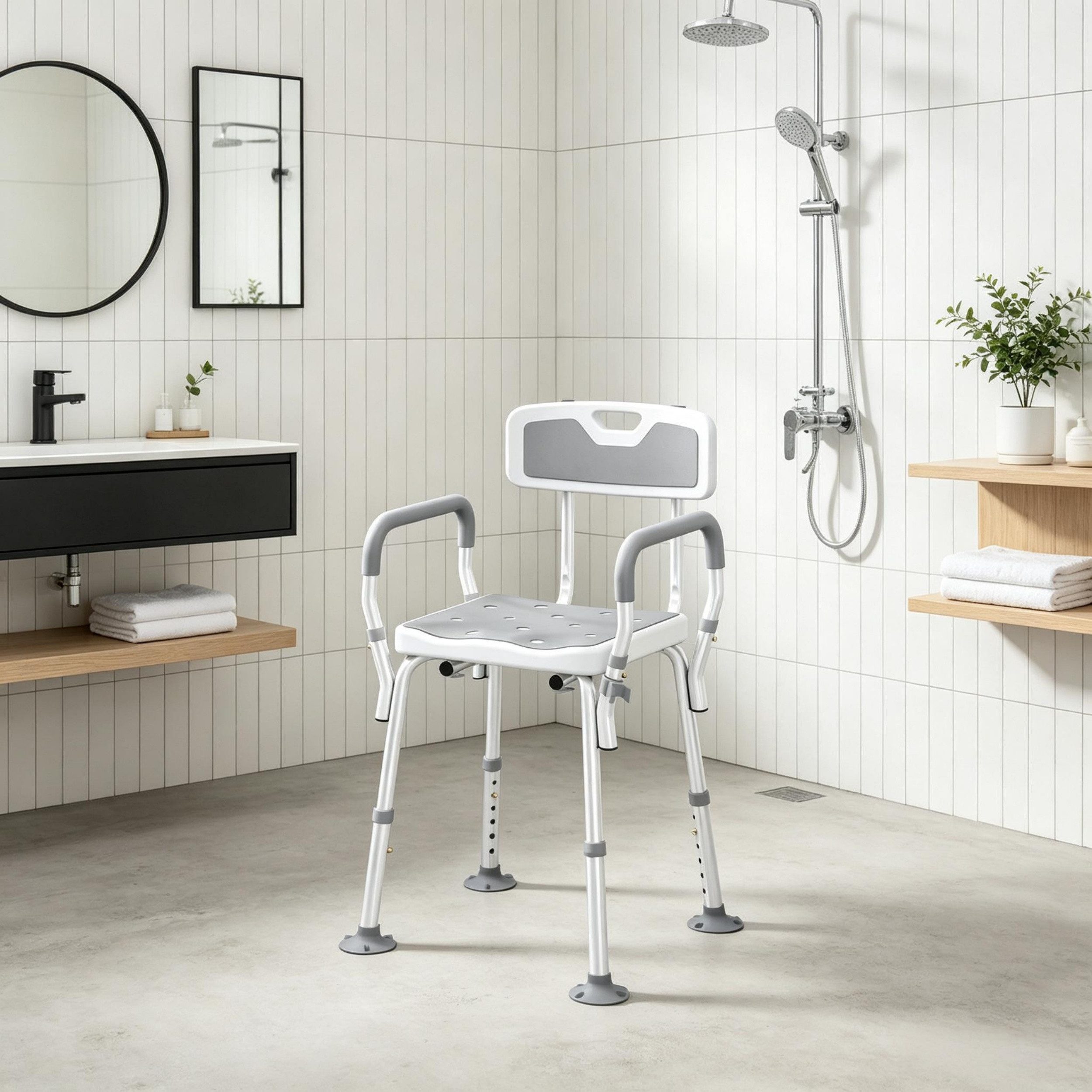 Fyrove Duschhocker Ergonomischer Duschstuhl aus Stahl mit höhenverstellbaren Füßen, belastbar bis 136 kg, Stabiler Duschhocker für Badezimmer