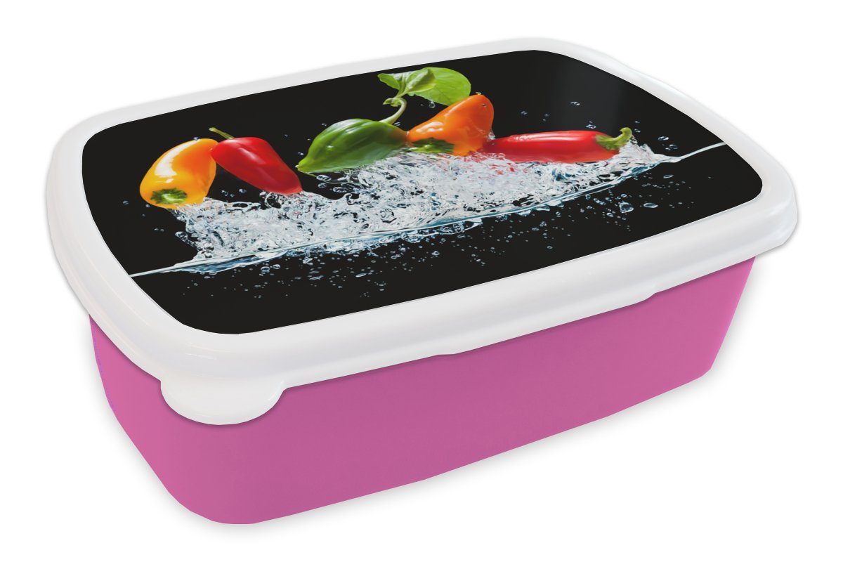 MuchoWow Lunchbox Paprika - Schwarz - Gemüse - Wasser - Blatt, Kunststoff, (2-tlg), Brotbox für Erwachsene, Brotdose Kinder, Snackbox, Mädchen, Kunststoff rosa
