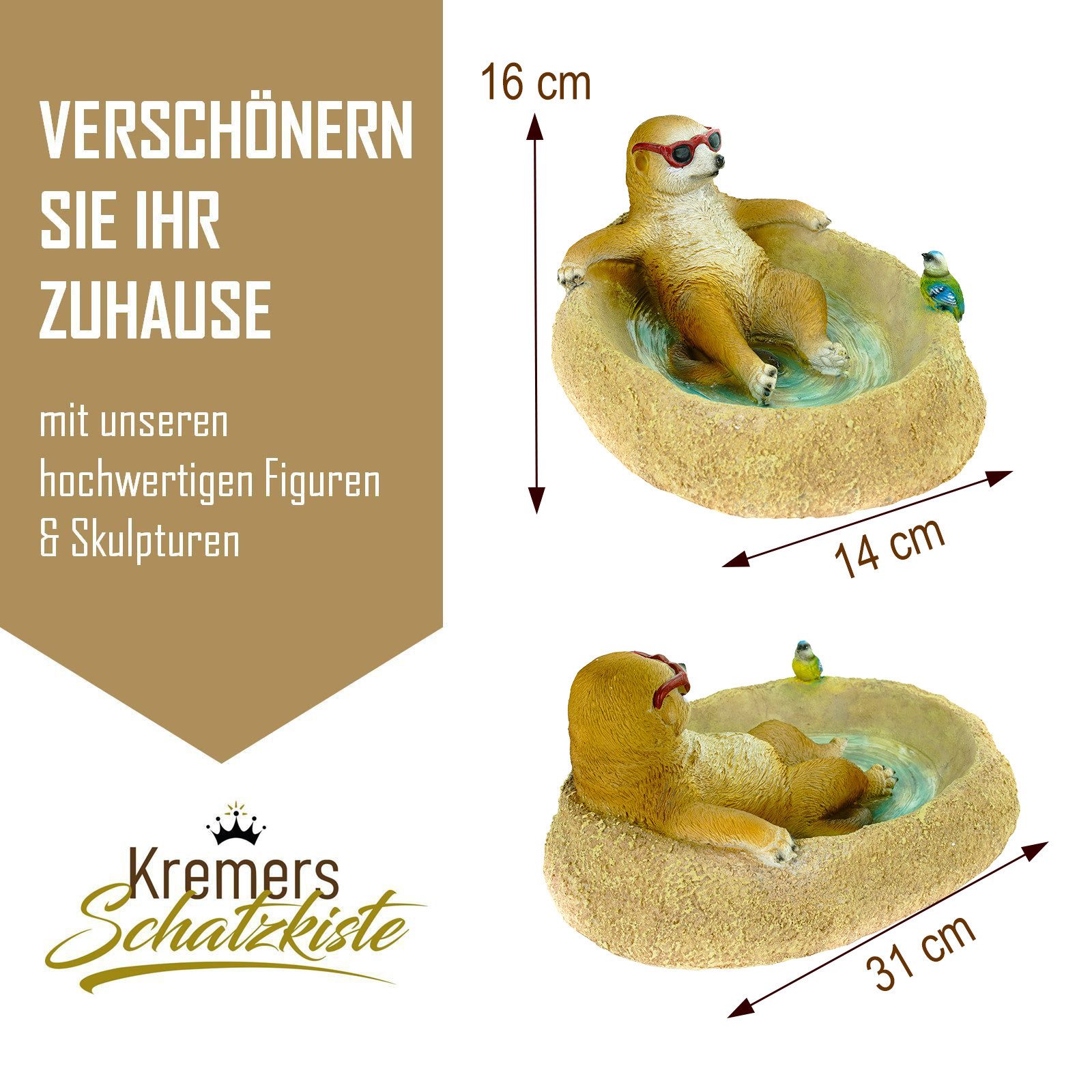 Kremers Schatzkiste Gartenfigur Erdmännchen Eddy Vogeltränke Gartenfigur 31cm Deko