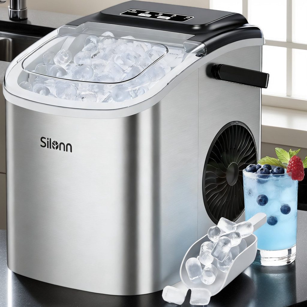 Silonn Eiswürfelmaschine Tragbar Eiswürfelbereiter – 6-minütige Eisherstellung, 2 Eisgrößen, 12kg/Tag, Selbstreinigend, LED-Anzeige – Für Haushalt, Camping & Party