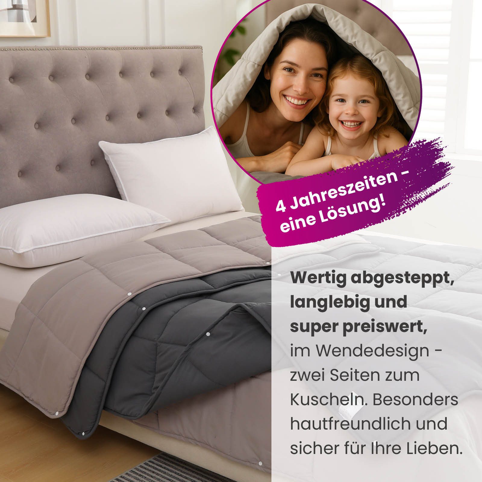 wometo Microfaserbettdecke 4-Jahreszeiten Steppbett Bi-Color, 2 Deckengrößen, Füllung: Kunstfaser, OEKO-TEX®, gesteppte Bettdecke für das ganze Jahr
