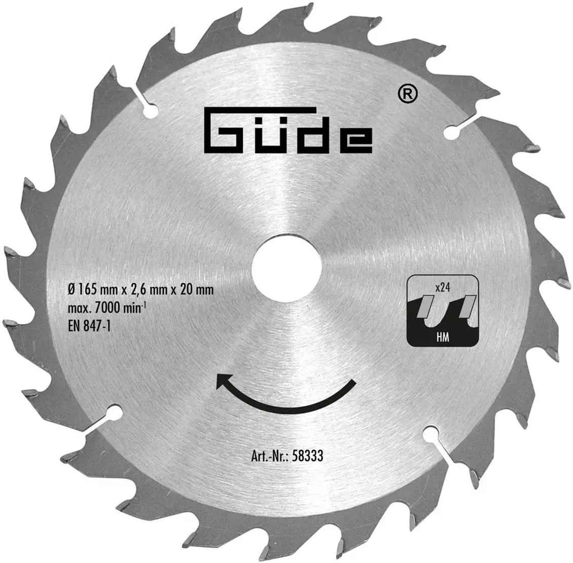 Güde Kreissägeblatt HM-Sägeblatt HM 165x20x24Z für Tauchsäge TS 58-1200, TS 57-1400 KE