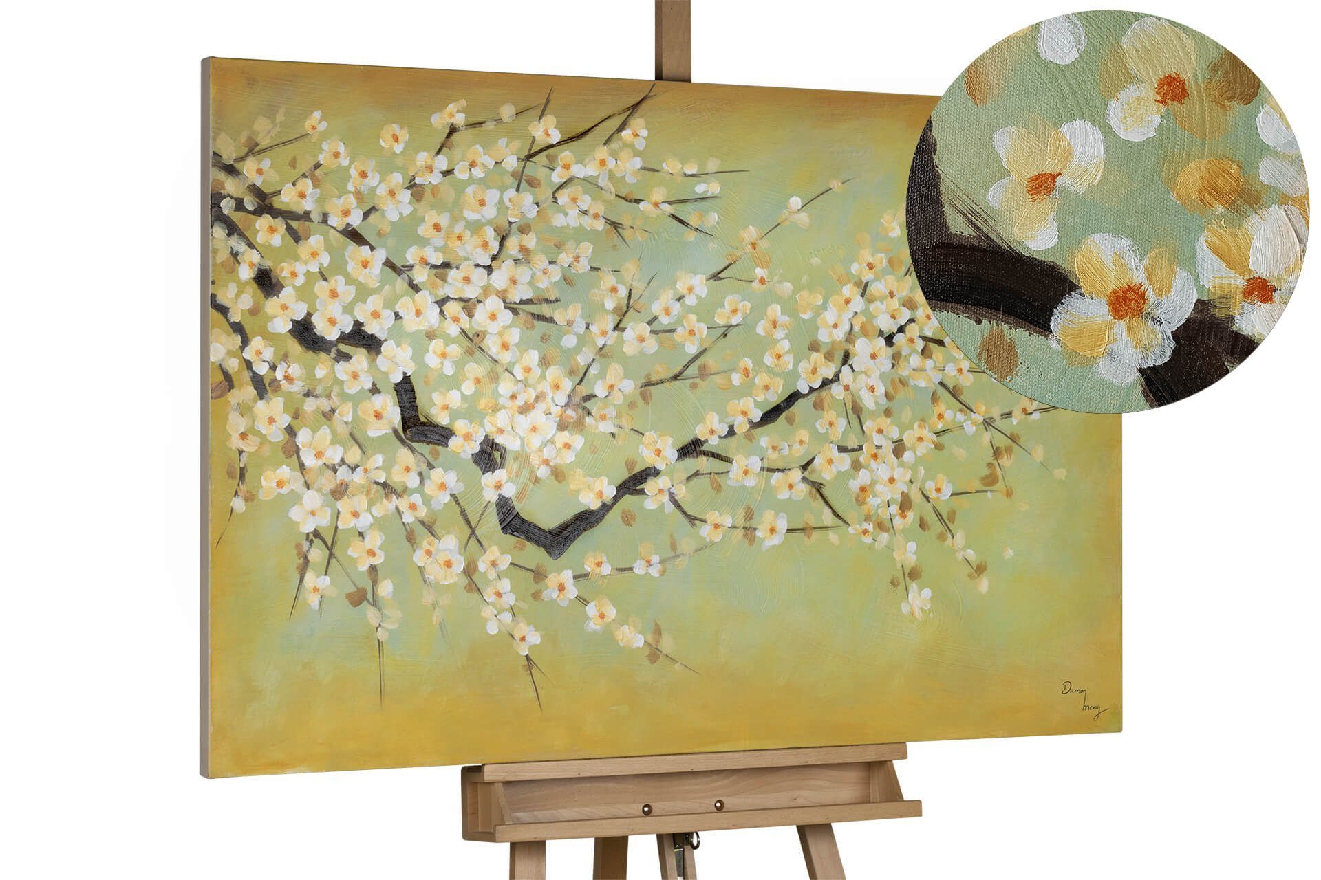 KUNSTLOFT Gemälde Kirschblüten 120x80 cm, Leinwandbild 100% HANDGEMALT Wandbild Wohnzimmer weiß, gelb