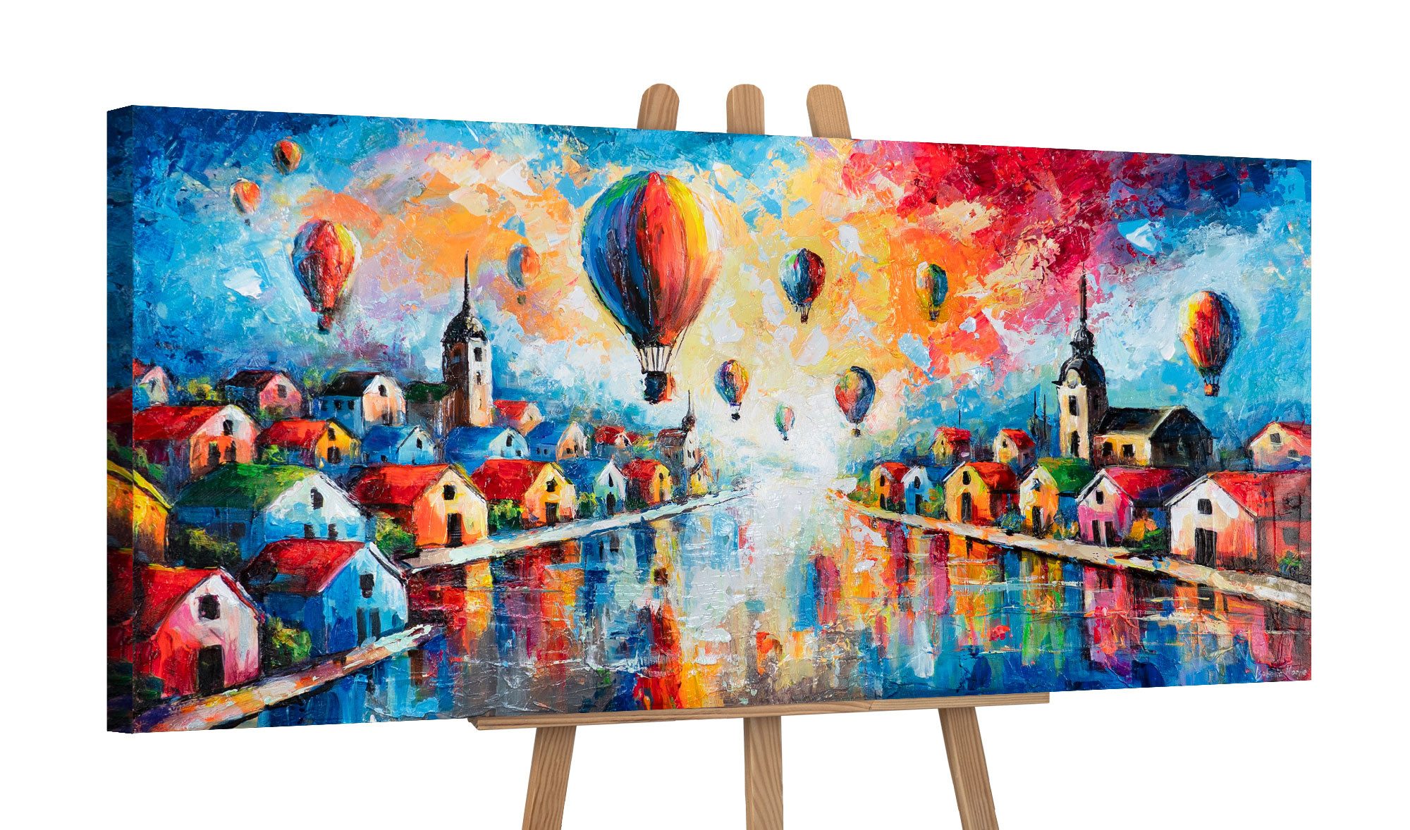 YS-Art Gemälde Leinwandbild, Landschaft, Bergige Aussicht, Hügel, Heißluftballon