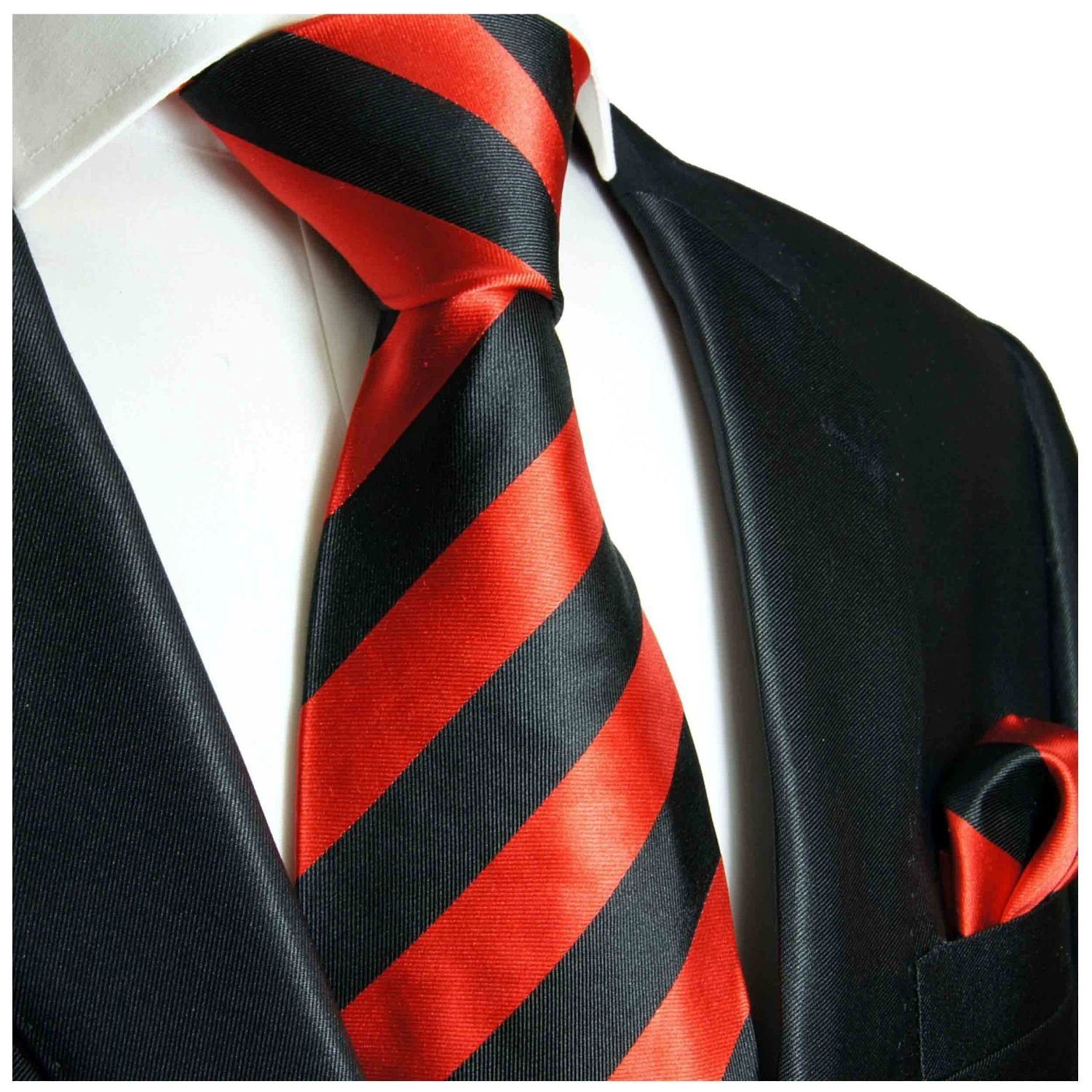 Paul Malone Krawatte Seidenkrawatte mit Tuch Herren Schlips modern  gestreift 100% Seide (Set, 2-St., Krawatte mit Einstecktuch) Schmal (6cm),  rot schwarz 719