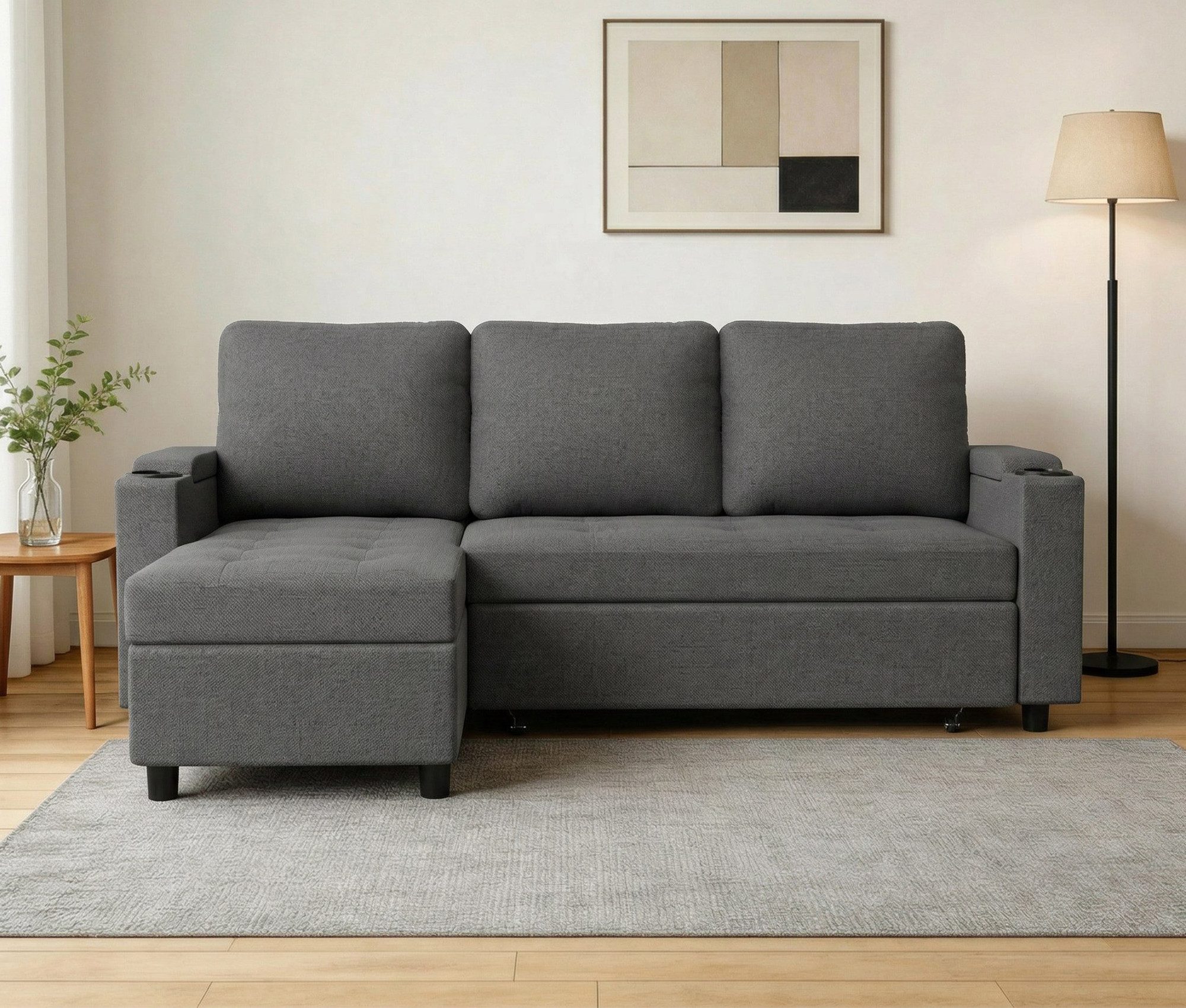 GUNJI Sofa L/U-Sofa mit Schlaffunktion Schlafsofa, Transformationssofa mit Stauraum und Becherhalter - flexibel umkehrbares Layout