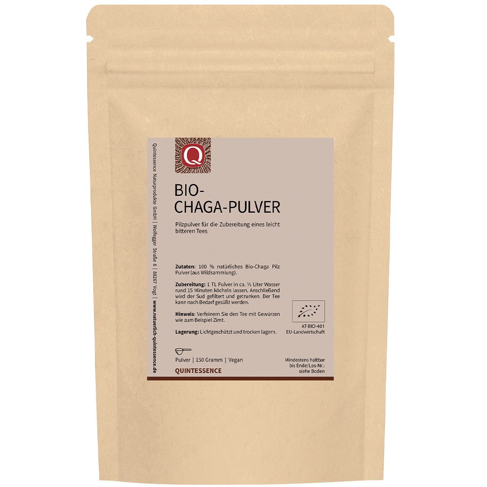 Quintessence Tee Bio-Chaga-Pulver 150 g aus Wildsammlung - fein vermahlener Chaga-Pilz, hochwertige Premiumqualität - Vitalpilz zur Teezubereitung