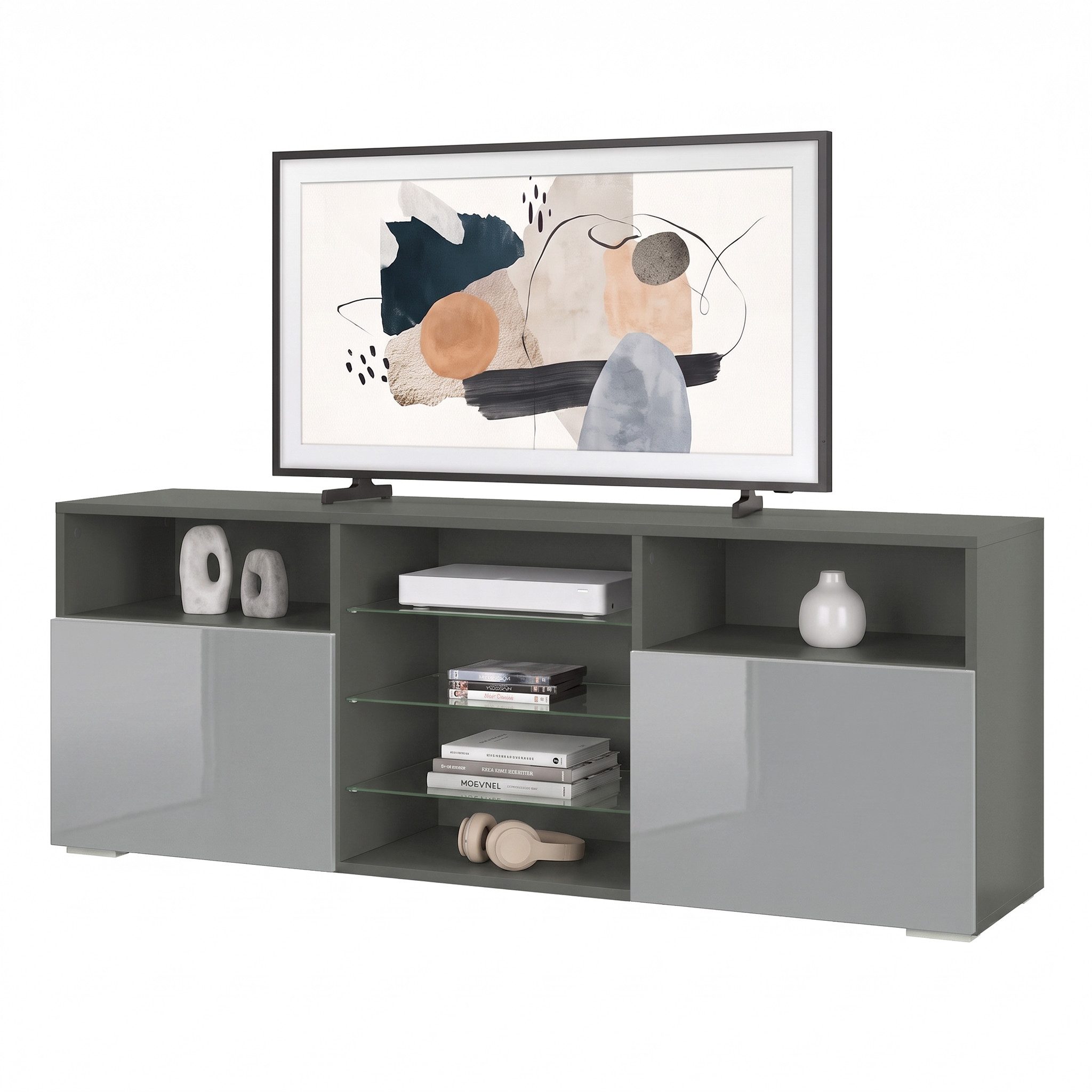 Vladon Lowboard Granada (TV-Kommode, mit 2 Türen und 6 offenen Fächern), Anthrazit matt, Grau Hochglanz