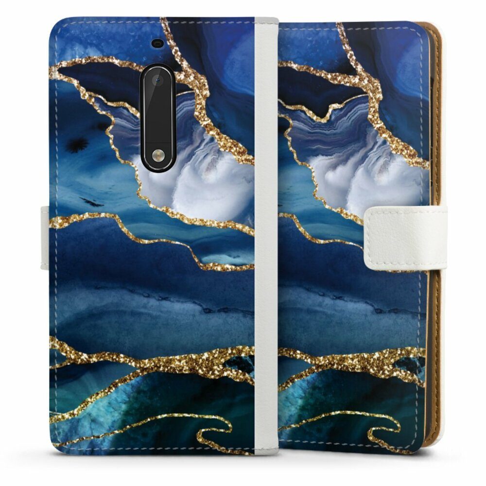 DeinDesign Handyhülle Blue Marble Gold Glitter Look, Hülle, Handy Flip Case, Wallet Cover, Handytasche Leder Marmor Blau Gold & Kupfer
