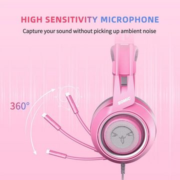Somic G951S Gaming-Headset (Rosa Gaming-Kopfhörer mit 3,5-mm-Kabel, Headset mit Mikrofon, rosa Katzenohr-Kopfhörer für Mädchen und Frauen)