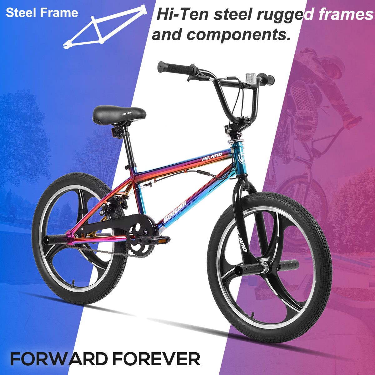 HILAND BMX-Rad 20 Zoll 3-Speichen Kinder BMX Rad für Jungen & Mädchen 5–12 Jahre, 360 Degree Rotor Freestyle, 4 Pegs Single Speed