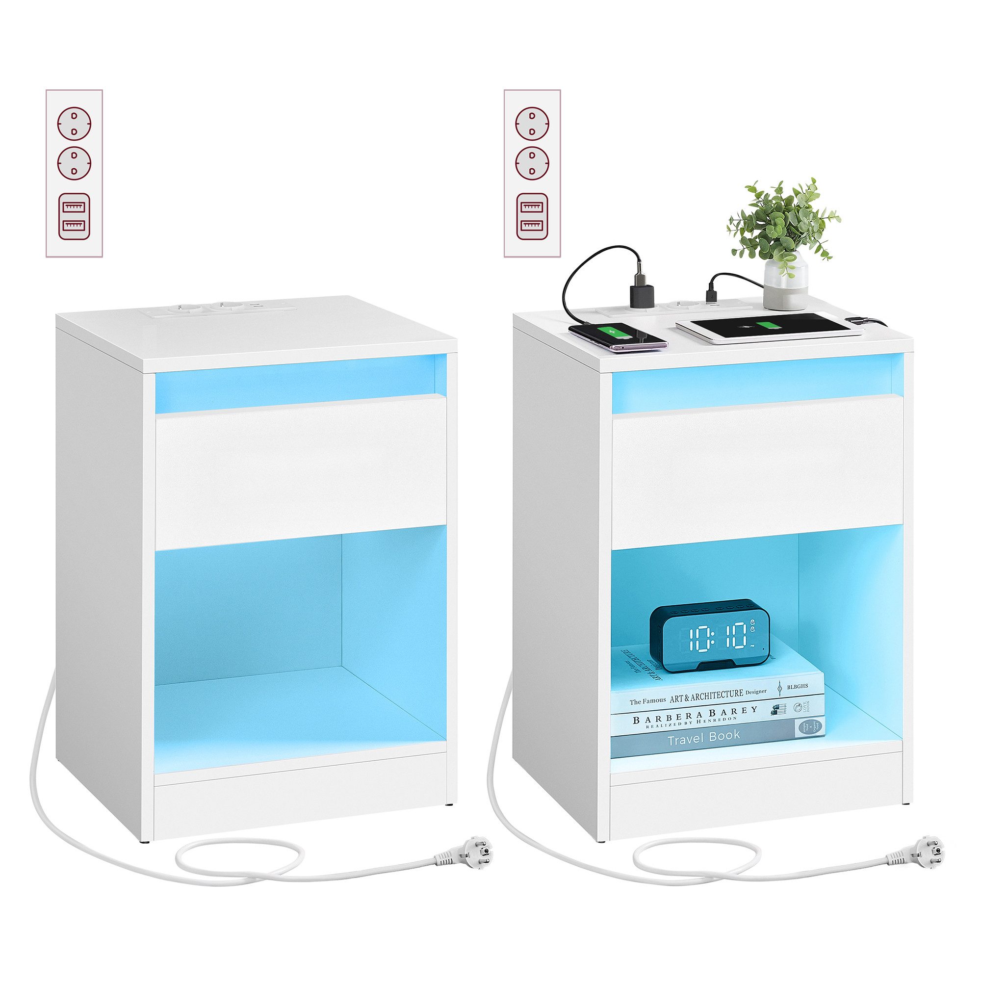 Nachttisch mit einstellbarer LED-Beleuchtung, Steckdosen und Schublade