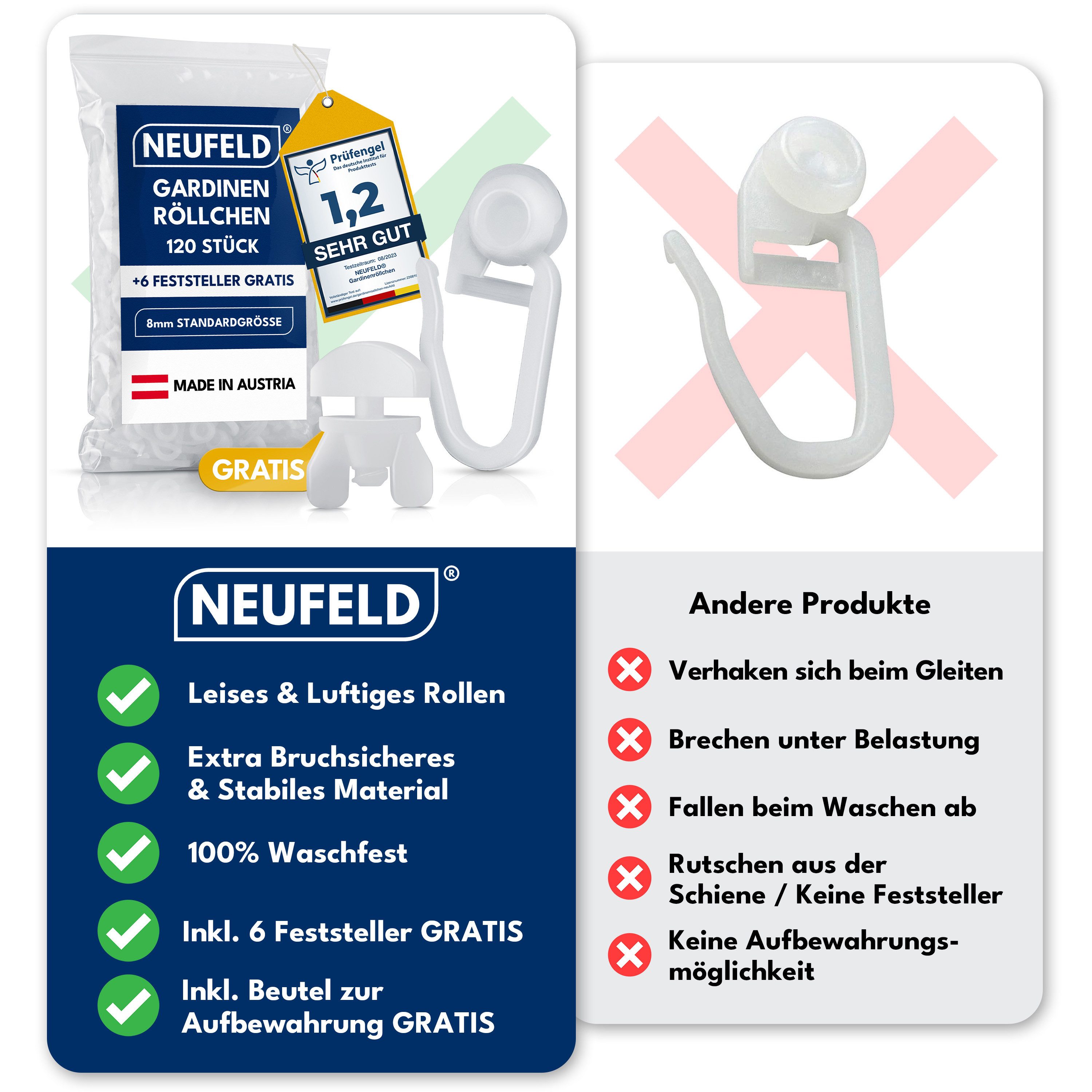 NEUFELD Gardinenröllchen für Schienen 120 Stück inkl. 6 Feststeller I Vorhanggleiter, Gardinenschienen mit 8 mm Laufkanal, Innenlauf-Gardinenschienen, (Set), Waschfest Leichtläufig Bruchsicher 8 mm Standardgröße