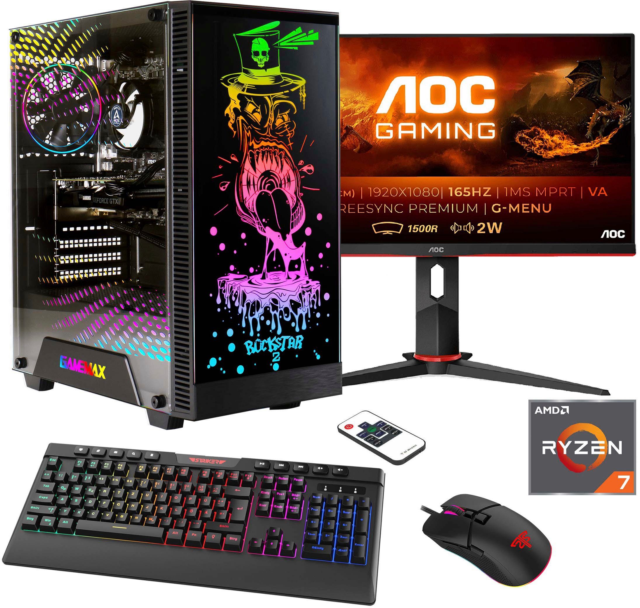 Hyrican Rockstar SET02455 Gaming-PC-Komplettsystem (24", AMD Ryzen 7 7700X, RTX 4060, 16 GB RAM, 1000 GB SSD, DDR5, Windows 11, inklusive 24" Curved Monitor AOC C24G2AE/BK)