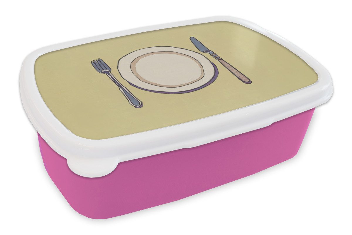 MuchoWow Lunchbox Illustration - Teller - Besteck - Beige, Kunststoff, (2-tlg), Brotdosen, Lunch Box, Brotbox für Kinder und Erwachsene