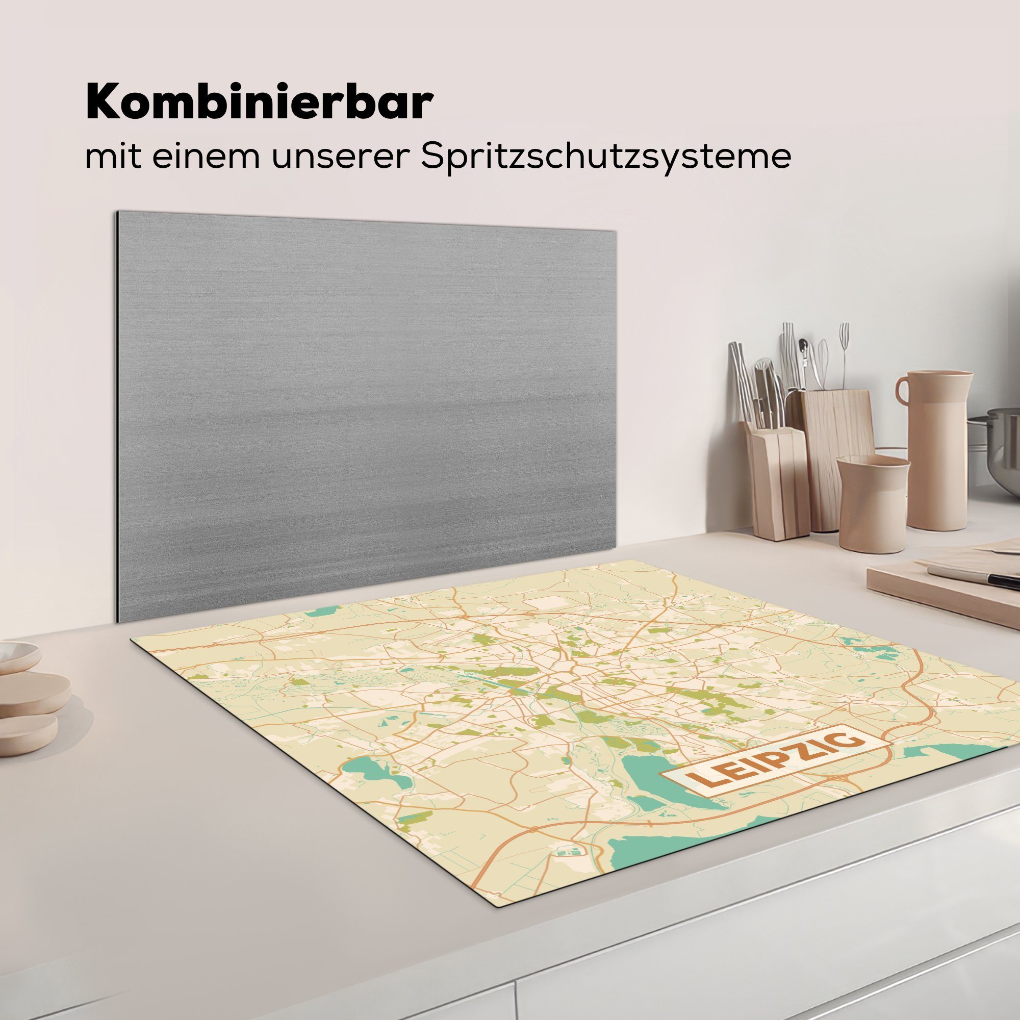 Leipzig cm, Vintage Karte Herdblende-/Abdeckplatte Arbeitsplatte tlg), für Vinyl, MuchoWow 78x78 Ceranfeldabdeckung, Stadtplan, (1 - - - küche