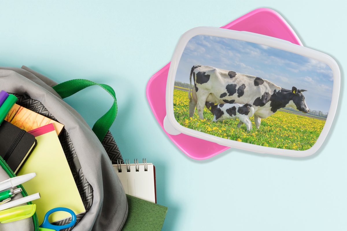 - für Lunchbox Brotdose MuchoWow Brotbox Kinder, - (2-tlg), rosa Blumen, Baby Mädchen, Kunststoff Snackbox, Erwachsene, Kuh Kunststoff,