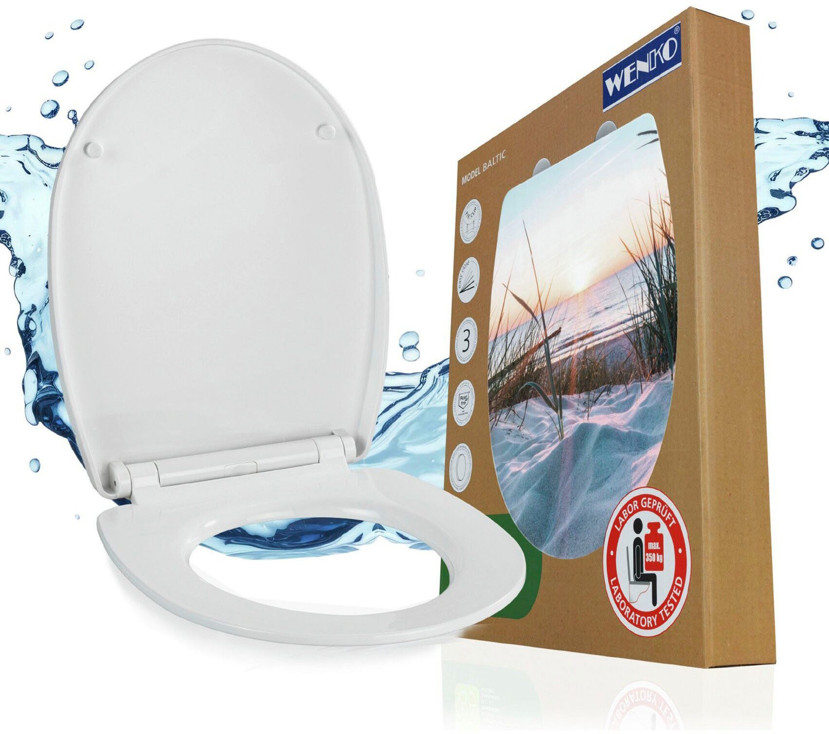 WENKO WC-Sitz Baltic, glänzender Toilettensitz aus Thermoplast mit Motiv, Absenkautomatik