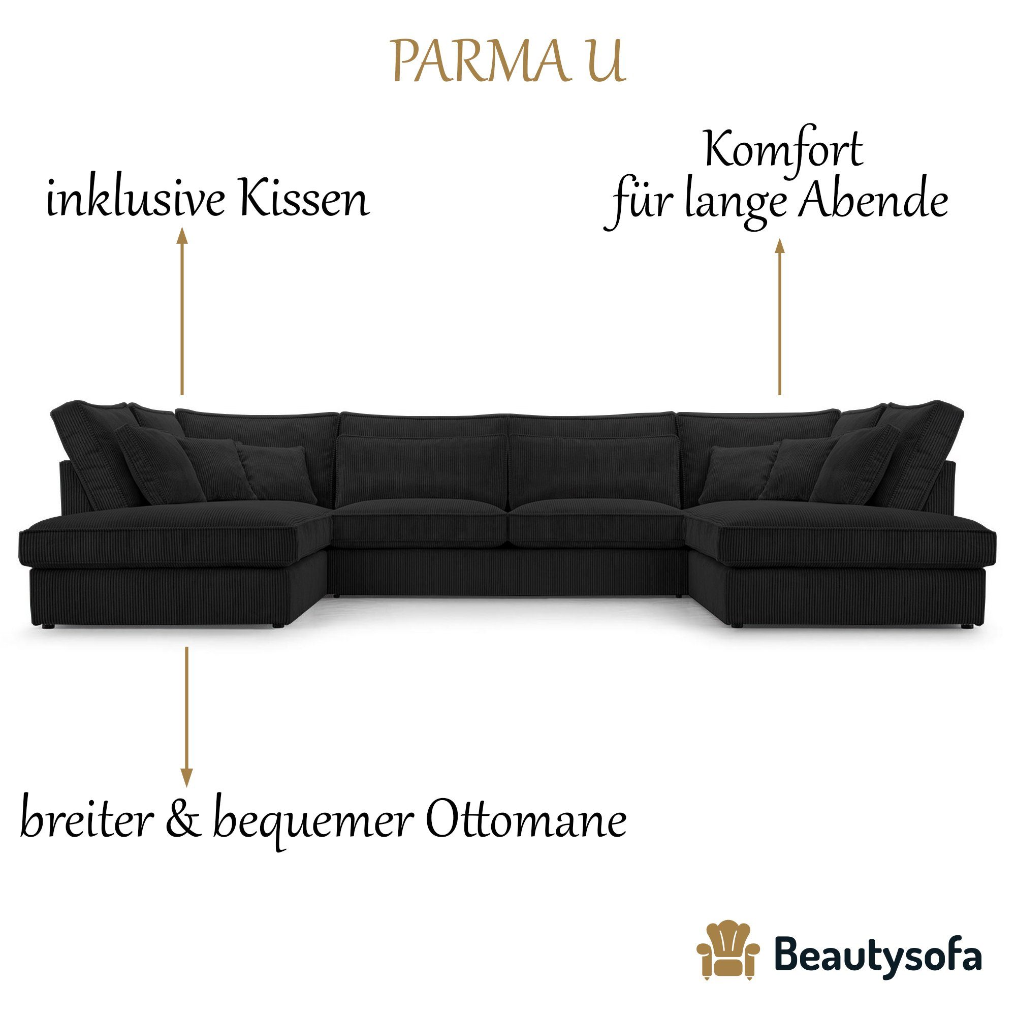 Beautysofa Ecksofa Parma U, Sofa, 407 modern (lincoln Wohnlandschaft Velours, cm Schwarz 100) u-förmige große aus Polsterecke Corner U-Form