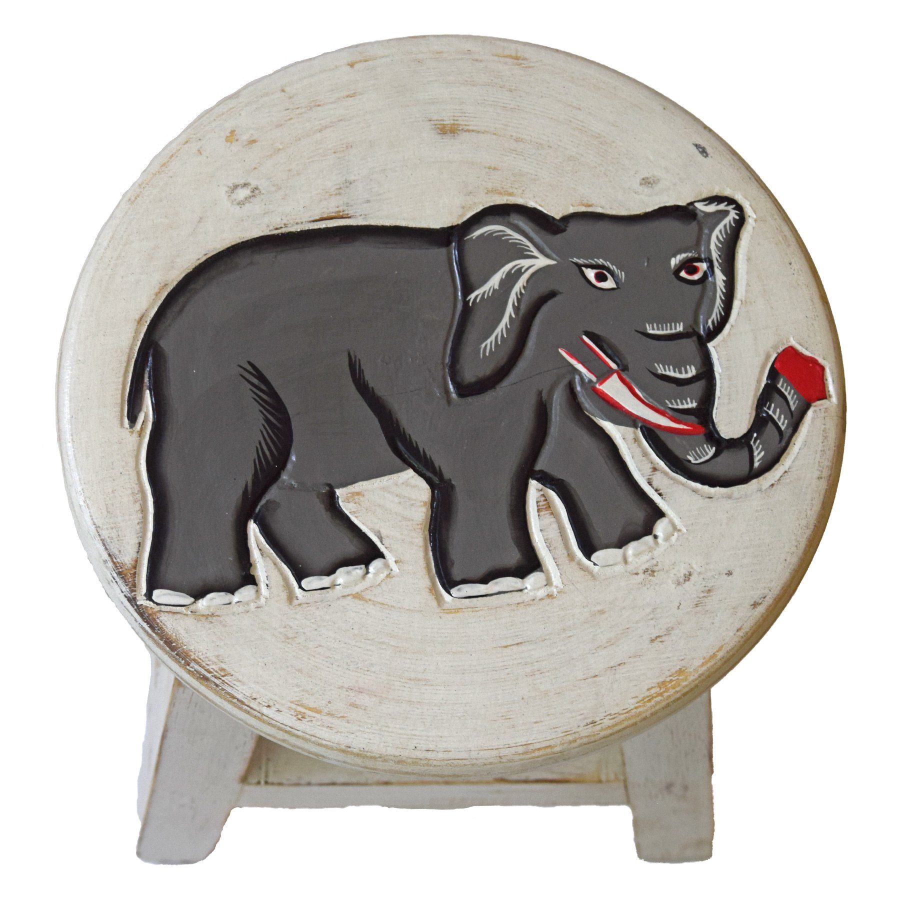 SIMANDRA Hocker Weiß Sitzhocker, geschnitzt und bemalt mit Tiermotiven Elefant