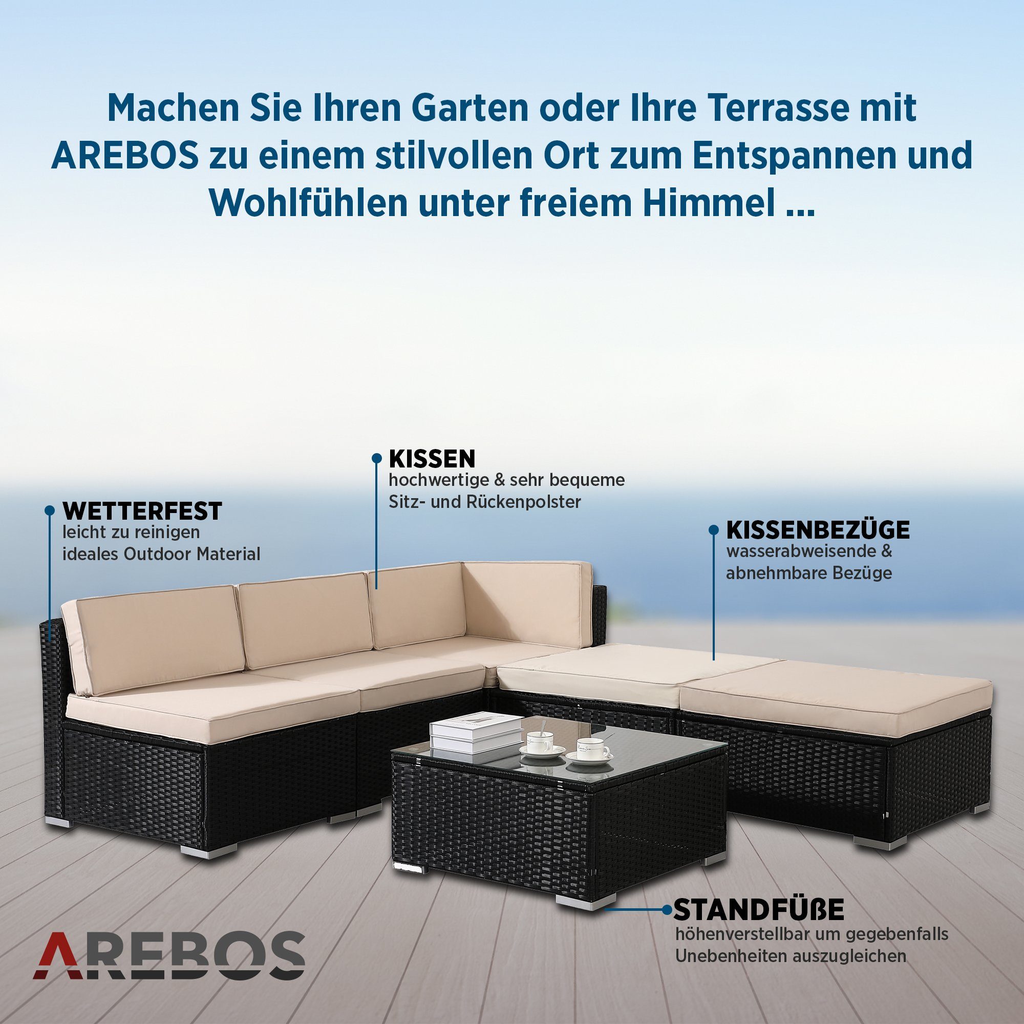 Arebos Loungesofa mit Glasplatte UV-beständiges Schwarz Barcelona, Tisch Polyrattan-Geflecht