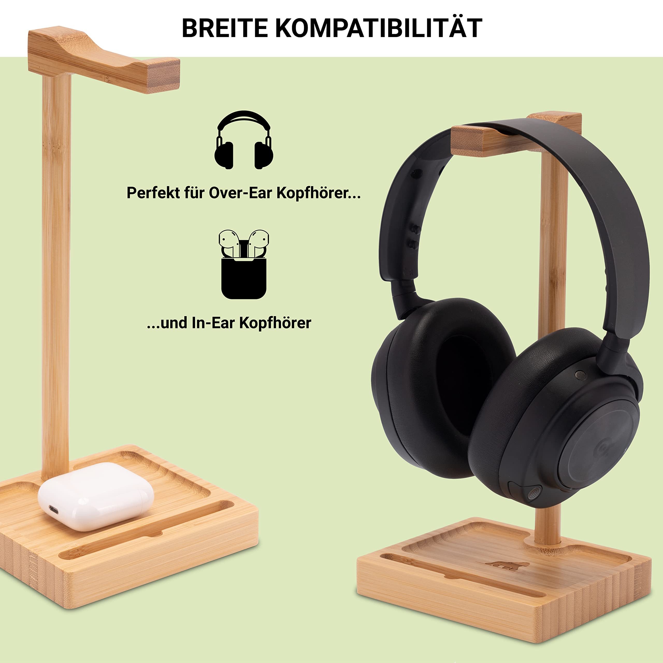 MyFatGorilla Kopfhörerständer aus Bambus, Kopfhörer Halter mit Smartphone Ständer, Headset Ständer, (Headset Ständer mit Ablage, Headphone Stand aus Holz, Nachhaltiger Kopfhörerständer, Kopfhörerhalter)
