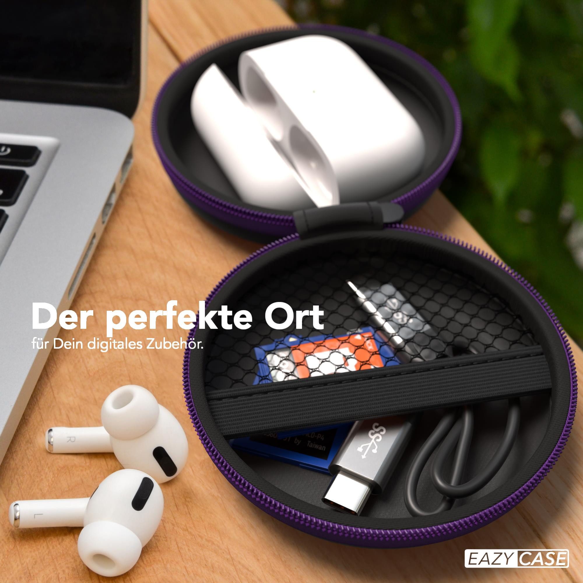 EAZY CASE Kopfhörer-Schutzhülle Universal Tasche für In-Ear Kopfhörer mit Netzfach, Box Kratzschutz Kopfhörer Reißverschluss und Netzfach klein rund Lila – Bild 3 von 5