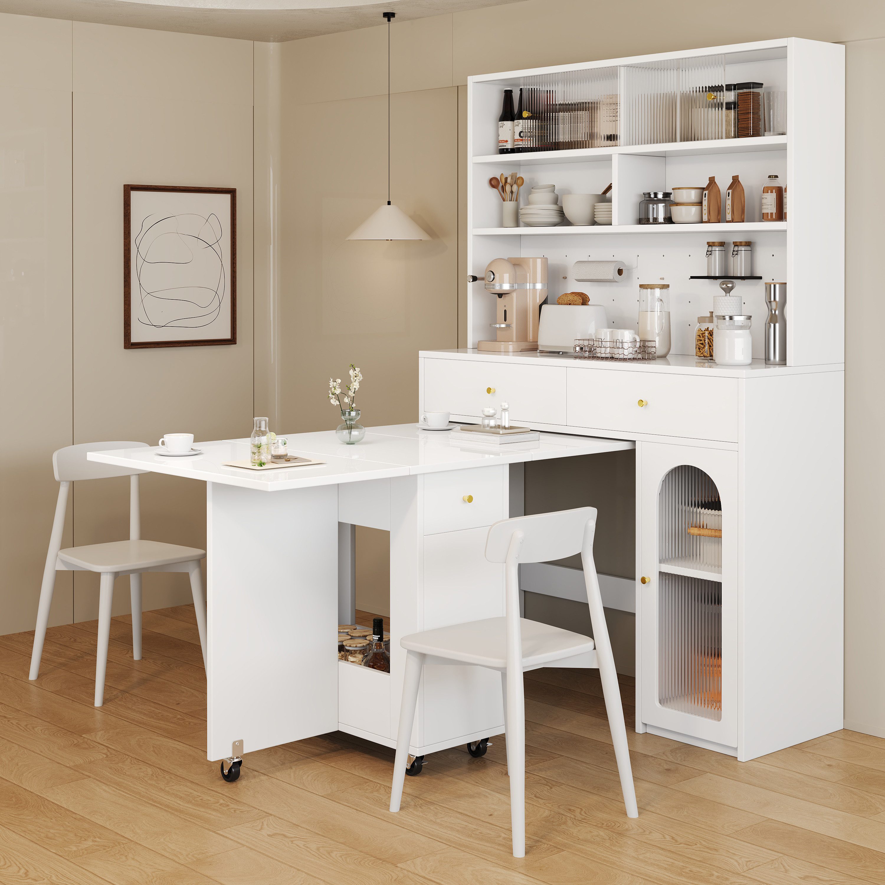 Flieks Küchenbuffet Hochschrank inkl. klappbar & beweglich Esstisch mit Rollen (Set, 2-St., Buffetmaße: 120x45x180 cm, Tischplattemaße: 40/80/120x75x75 cm) Küchenschrank mit Lochwand&Glasschiebetür, Küchentisch mit Schuladen