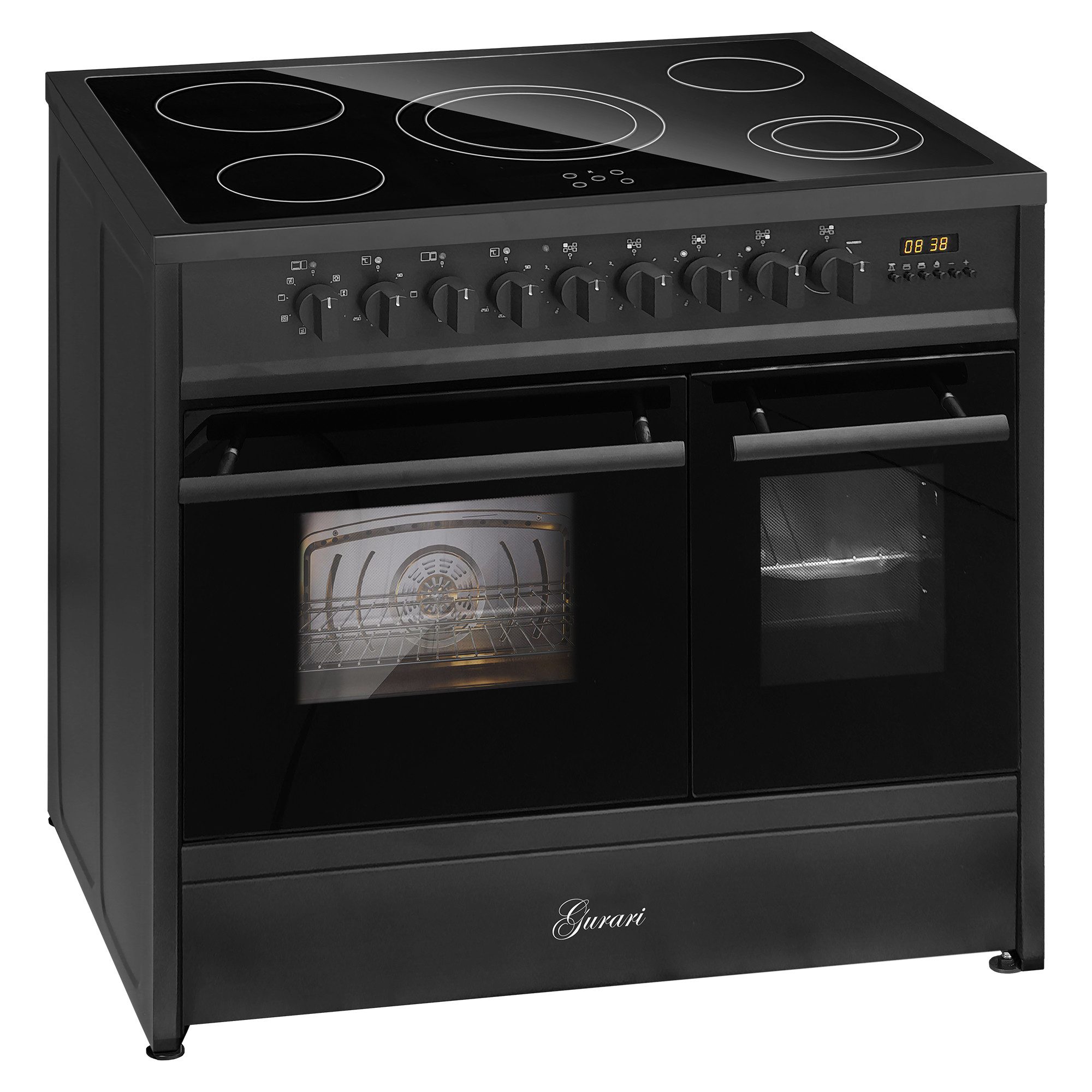 GURARI Elektro-Standherd Glaskeramik Herd 90 cm Schwarz Range Cooker Elektro Doppelbackofen GCH E 912 DF BL., mit 1-fach-Teleskopauszug