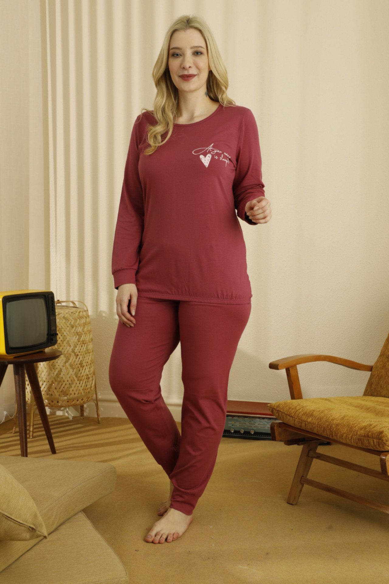 SEXEN (Siyah Inci) Pyjamahose Große Größen Pyjama – Langarm, Herzmotiv, Bordeaux