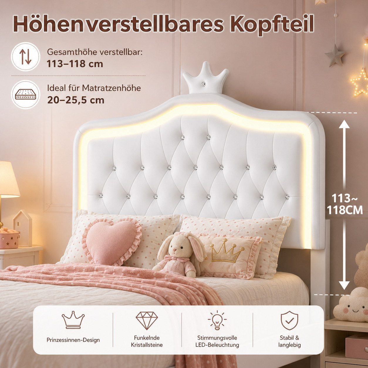 Simurq Kinderbett 140x200cm Polsterbett Für Mädchen Mit LED, Kronenform Und Schubladen (Set, Ohne Matratze), Prinzessinnenbett Gepolstertes Bett, PU, mit gepols – Bild 5 von 5