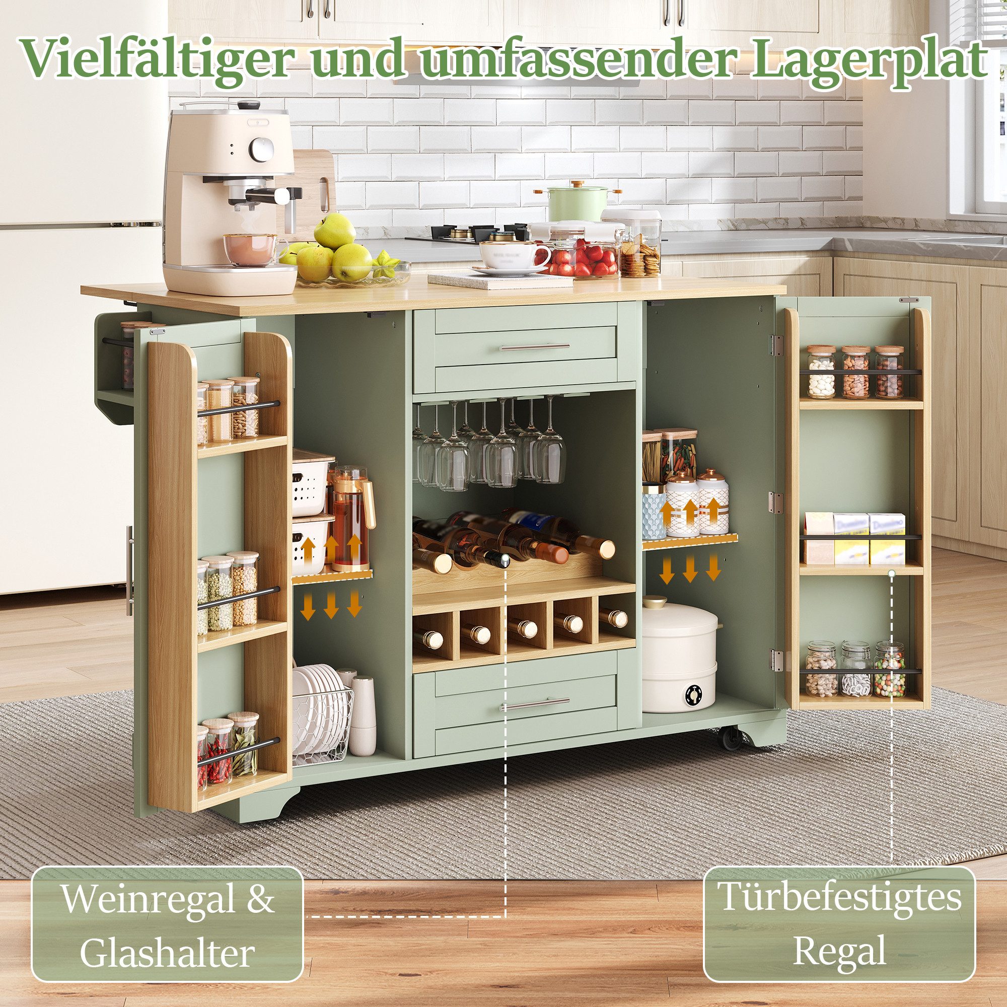 i@home Kücheninsel Küchenwagen auf Rollen mit klappbarer Arbeitsplatte, (mit Glashalter, Gewürzregal, Handtuchhalter, 2 Schubladen), Servierwagen Weinregal(9 Flaschen) für Küche, Esszimmer & Bar