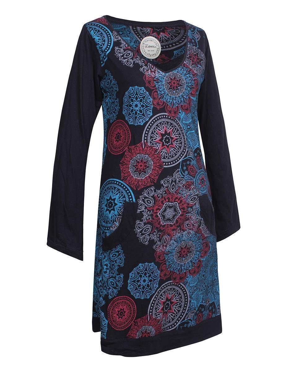 schwarz Kleid Mandalas Langarm Lagen-Look Jerseykleid V-Ausschnitt Long Vishes Shirt, Hippie-Kleid