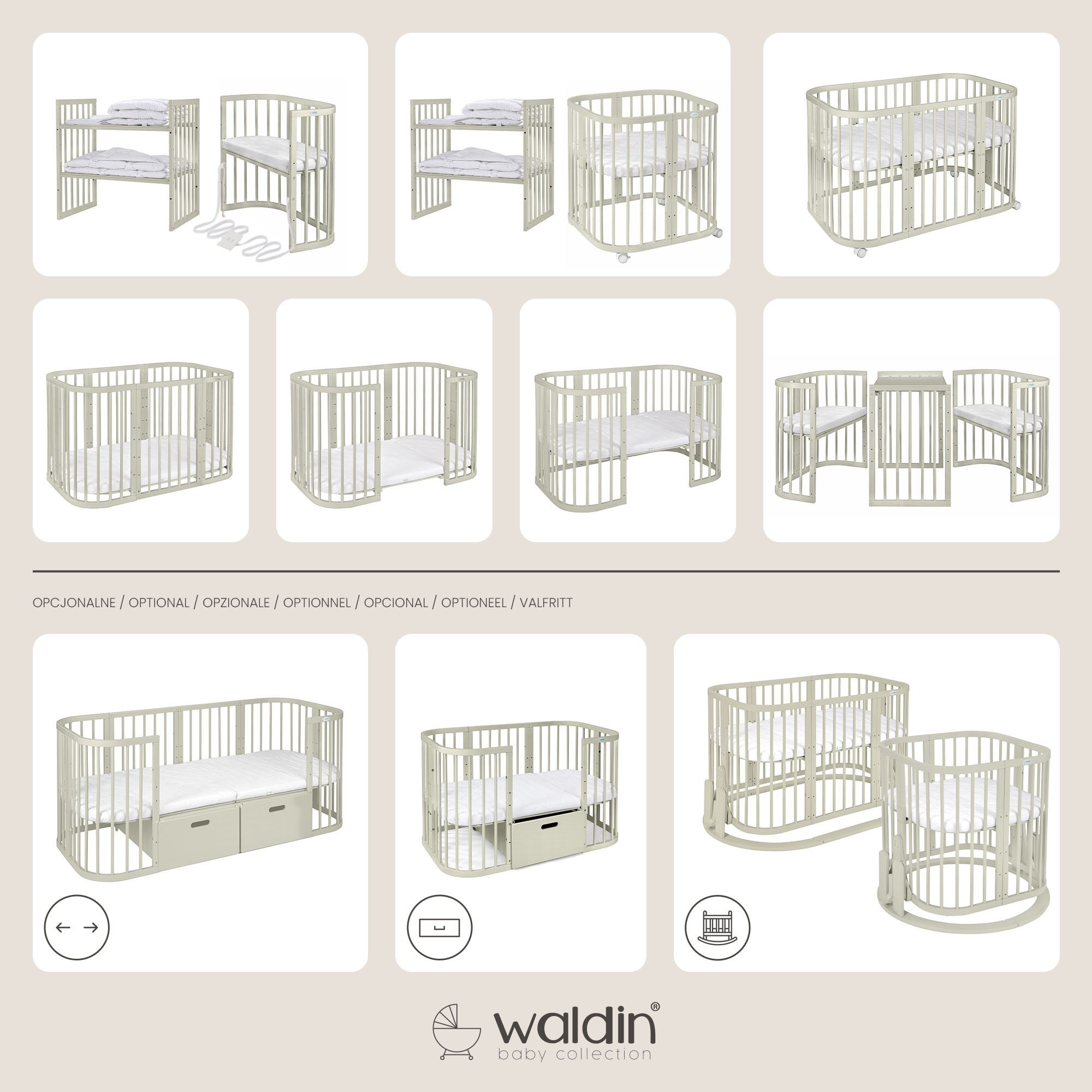 Waldin Babybett Mobiles Babybett aus Holz 7in1 mit Matratze, mitwachsend