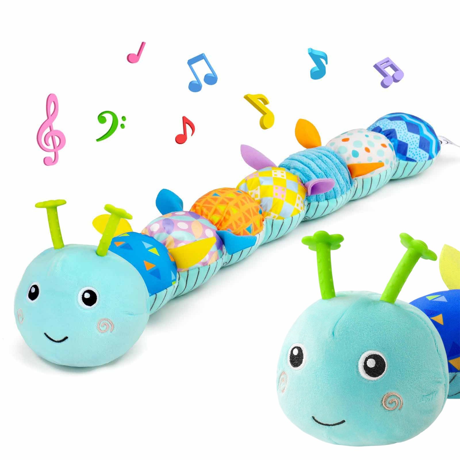 OKWISH Kuscheltier Greifspielzeug Babyspielzeug Baby-Plüschraupe mit Musik Messfunktion (Puppe zum Messen der Körpergröße, 1-St., Baby-Bauchzeit-Spielzeug mit Glocken- Quietscher- und Melodieeffekten), Sensorisches Babyspielzeug für Neugeborene 0–9M