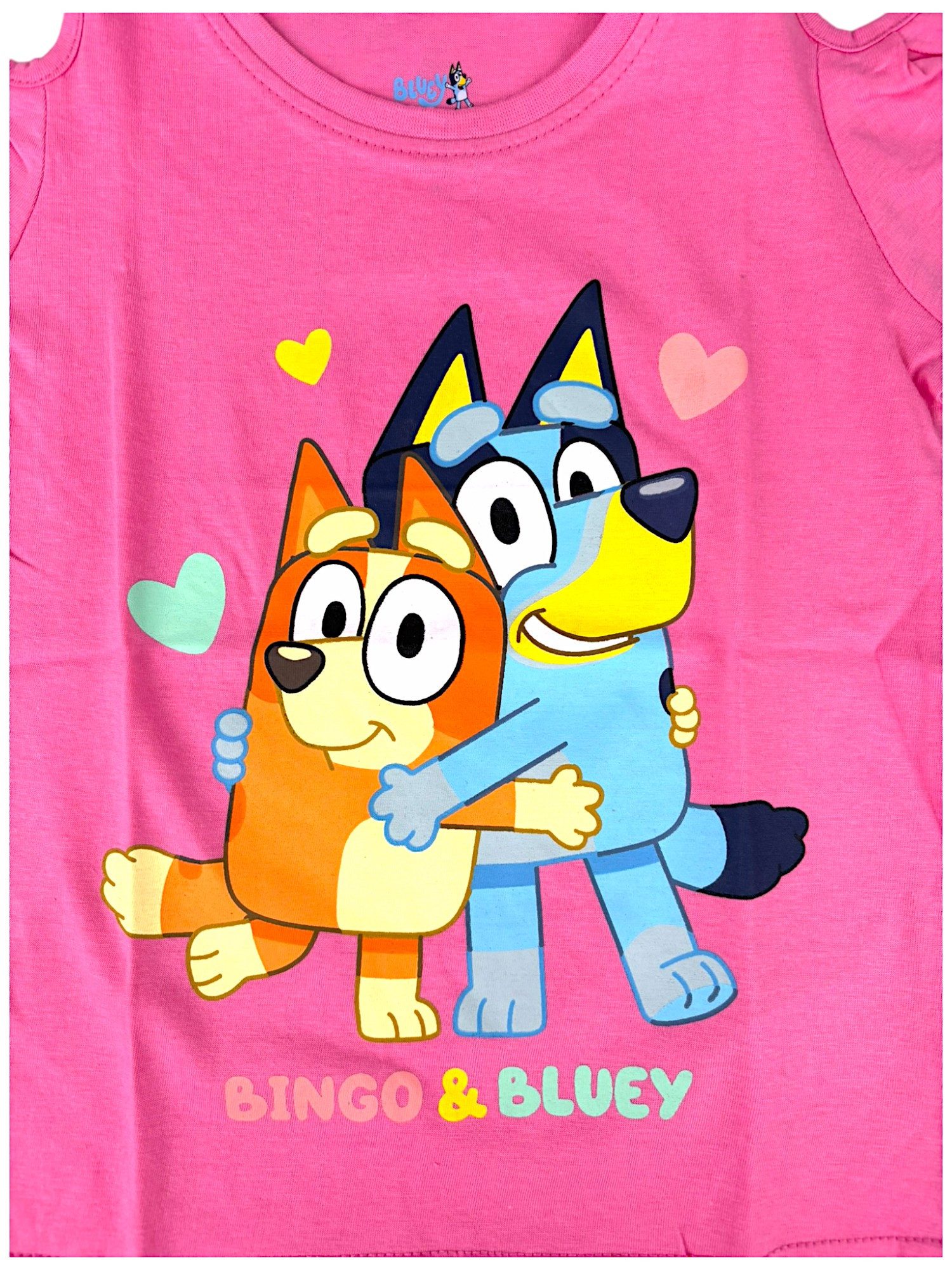 Bluey T-Shirt Bingo & Bluey Mädchen Jersey Off-Shoulder Kurzarmshirt aus Baumwolle Gr.92- 116 cm