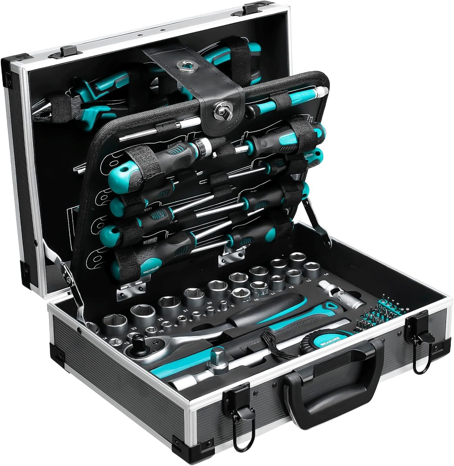 TLGREEN Werkzeugkoffer aus Aluminium,122-tlg Werkzeug Set Werkzeugkasten (Haushalts-Werkzeugkasten mit Ratsche, Steckschlüsseln), Schraubendrehern, Zangen und Hammer