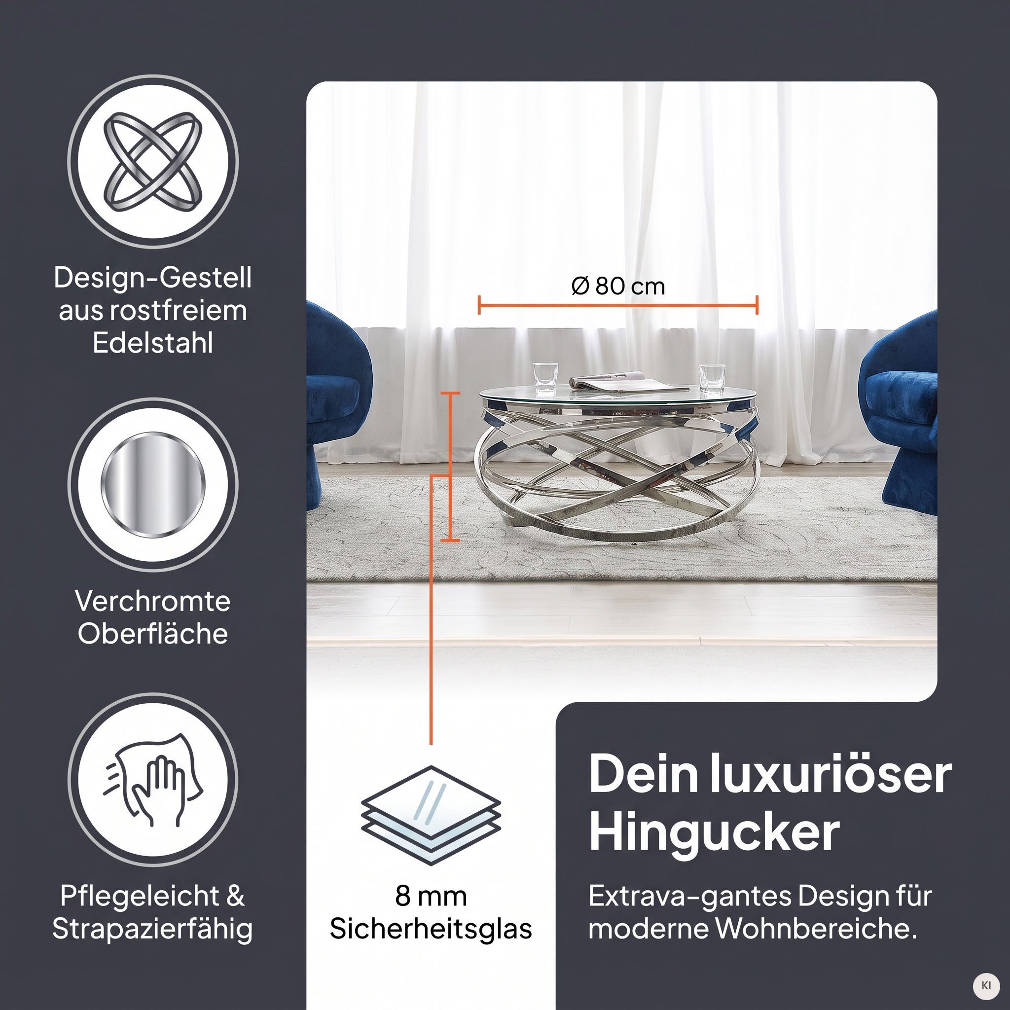 SalesFever Couchtisch mit Design-Gestell in Stainless Steel für stilvolles Wohnen, Gestell gefertigt aus rostfreiem Edelstahl – Bild 4 von 5
