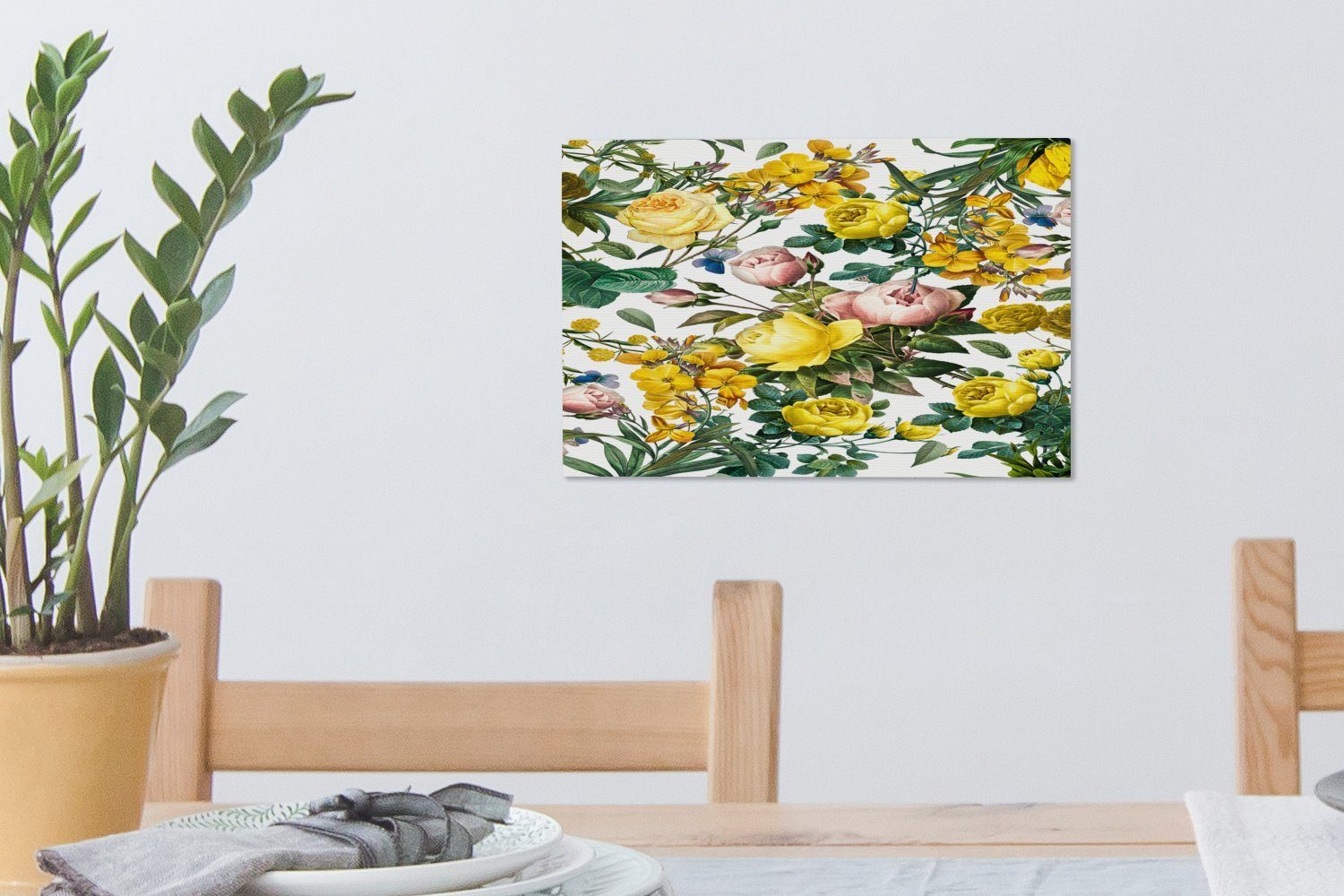 OneMillionCanvasses® Leinwandbild Blumen - St), Aufhängefertig, - Gelb Wandbild Leinwandbilder, Wanddeko, 30x20 (1 Schmetterling, cm